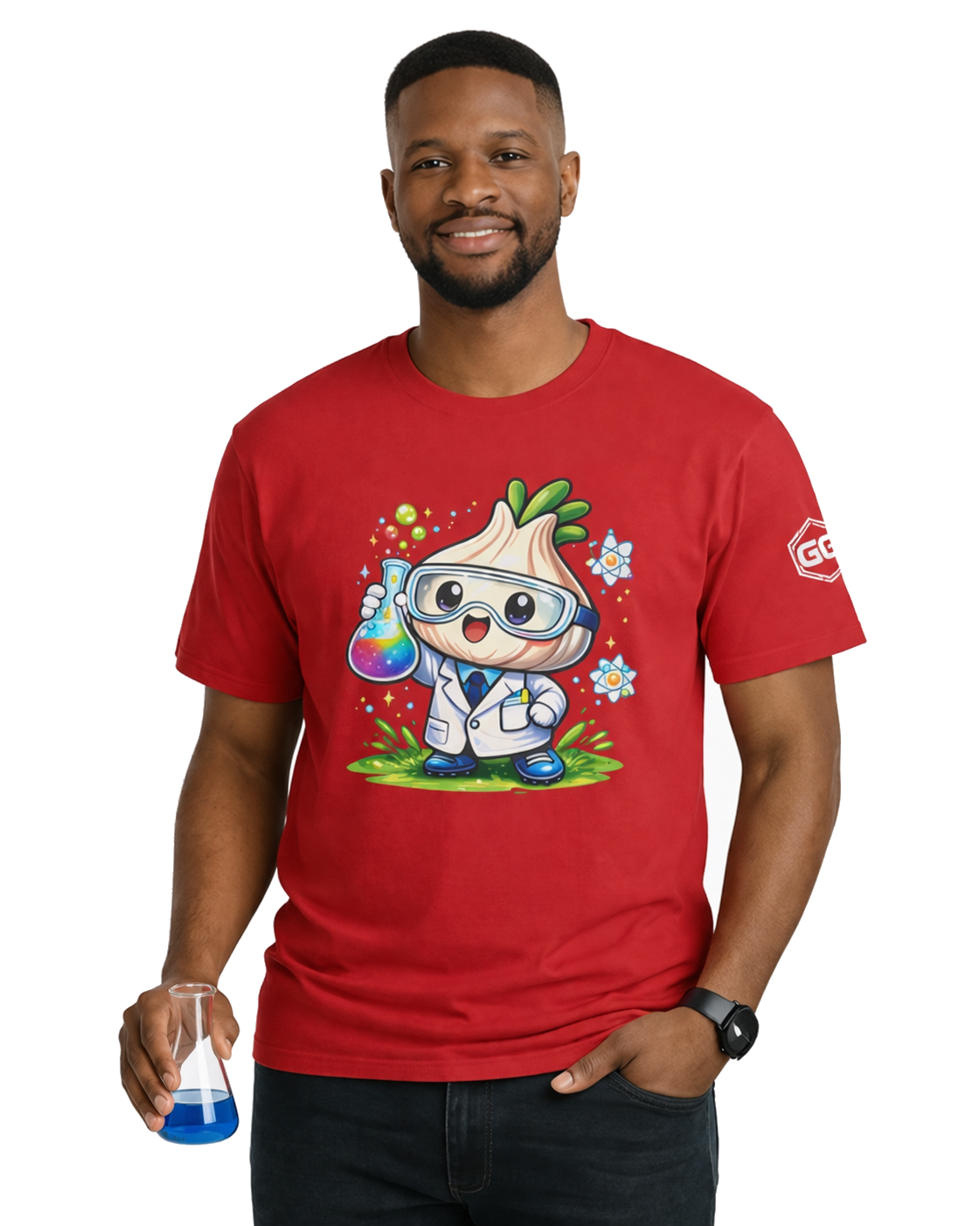 model:10:m | Garlic Scientist T-Shirt – Modelfoto in Rot – Mann
