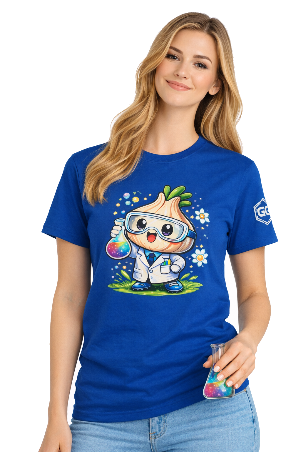model:8:f | Garlic Scientist T-Shirt – Modelfoto in Royalblau – Frau
