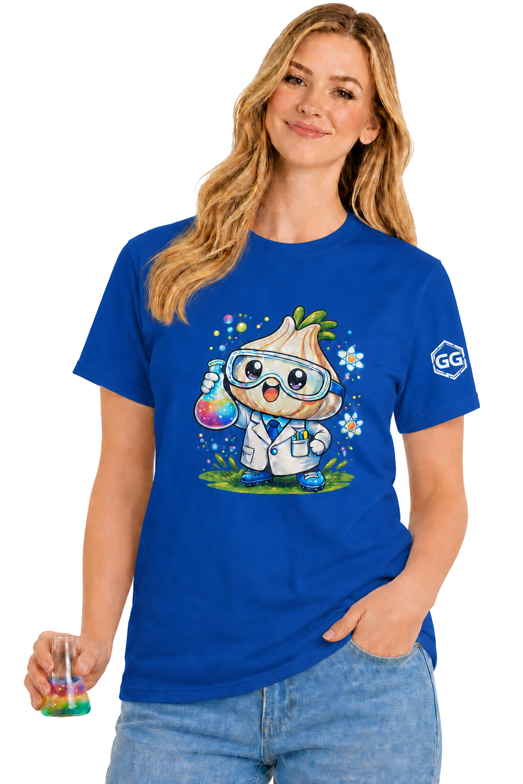 model:8:f | Garlic Scientist T-Shirt – Model photo in Royal – Woman