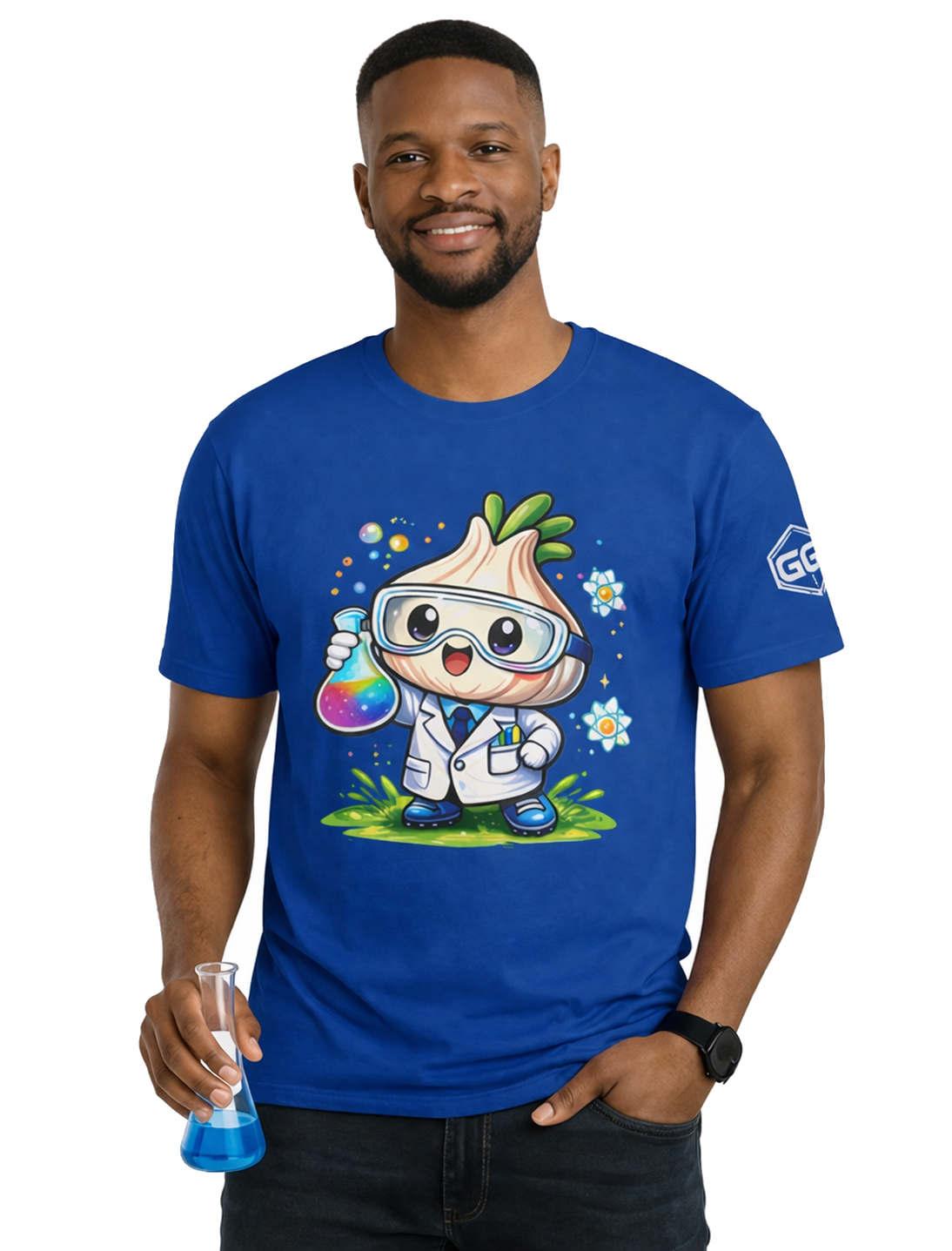 model:8:m | Garlic Scientist T-Shirt – Modelfoto in Royalblau – Mann