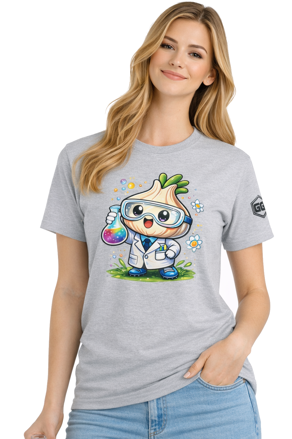 model:2:f | Garlic Scientist T-Shirt – Modelfoto in Sportgrau – Frau