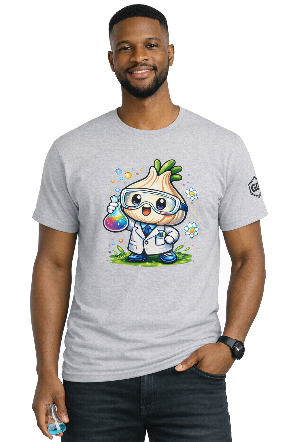 model:2:m | Garlic Scientist T-Shirt – Modelfoto in Sportgrau – Mann