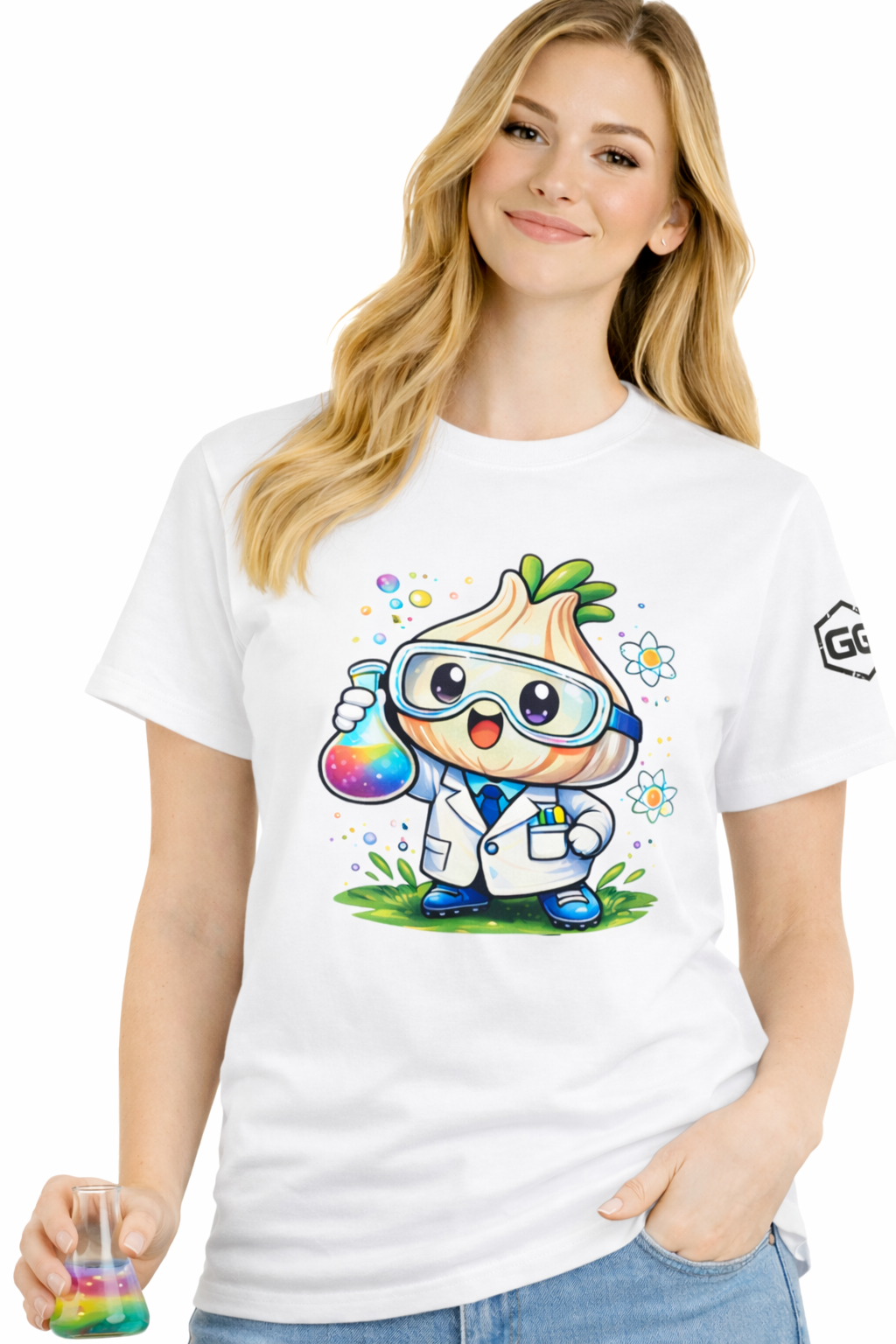 model:0:f | Garlic Scientist T-Shirt – Modelfoto in Weiß – Frau