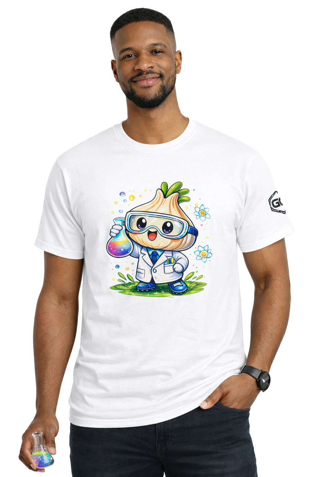 model:0:m | Garlic Scientist T-Shirt – Modelfoto in Weiß – Mann
