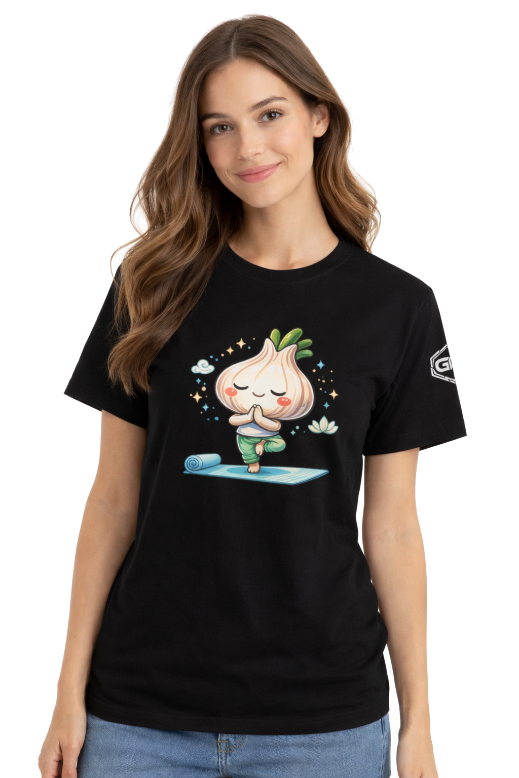model:1:f | Garlic Yoga T-Shirt – Modelfoto in Schwarz – Frau