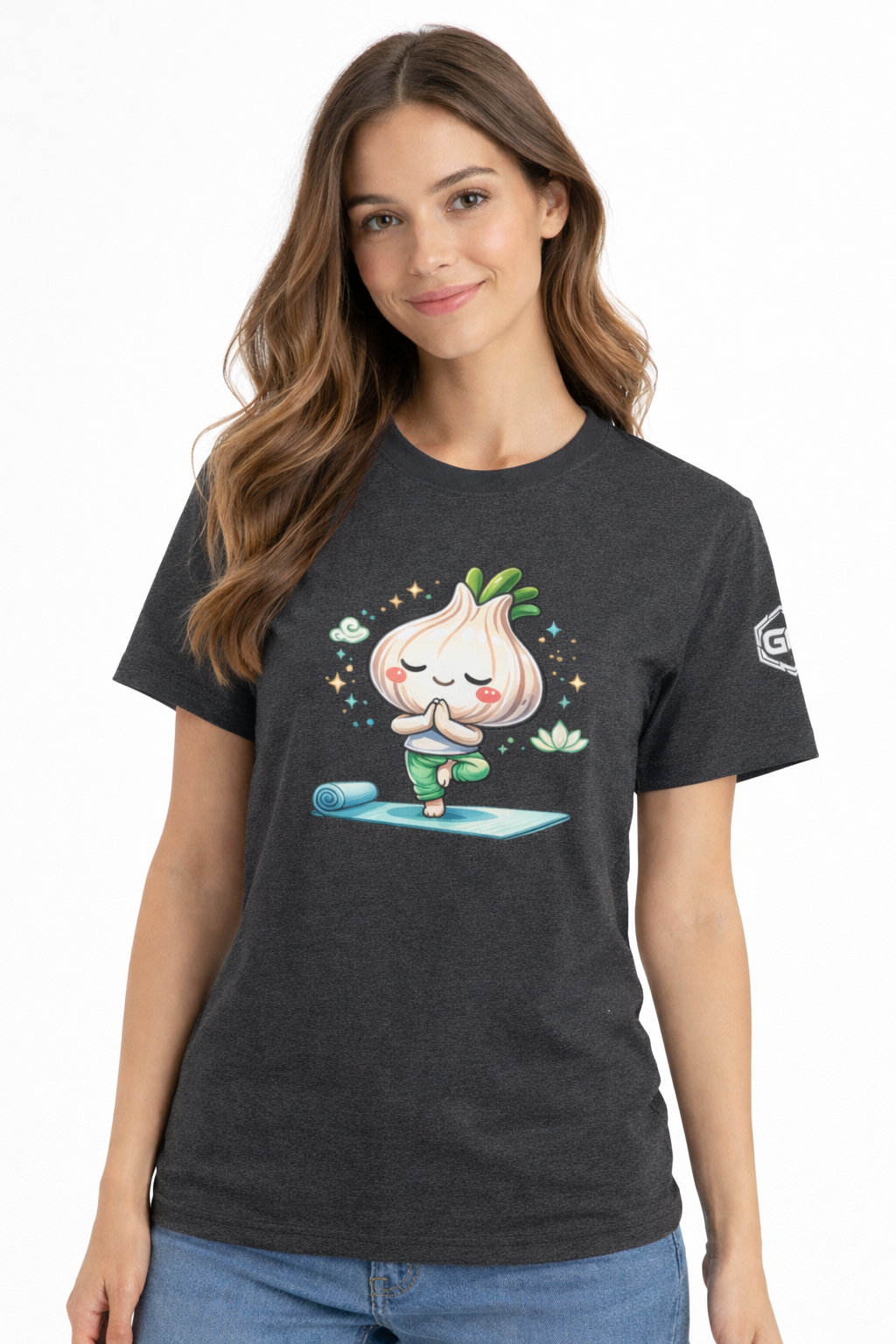 model:6:f | Garlic Yoga T-Shirt – Modelfoto in Dunkelmeliert – Frau