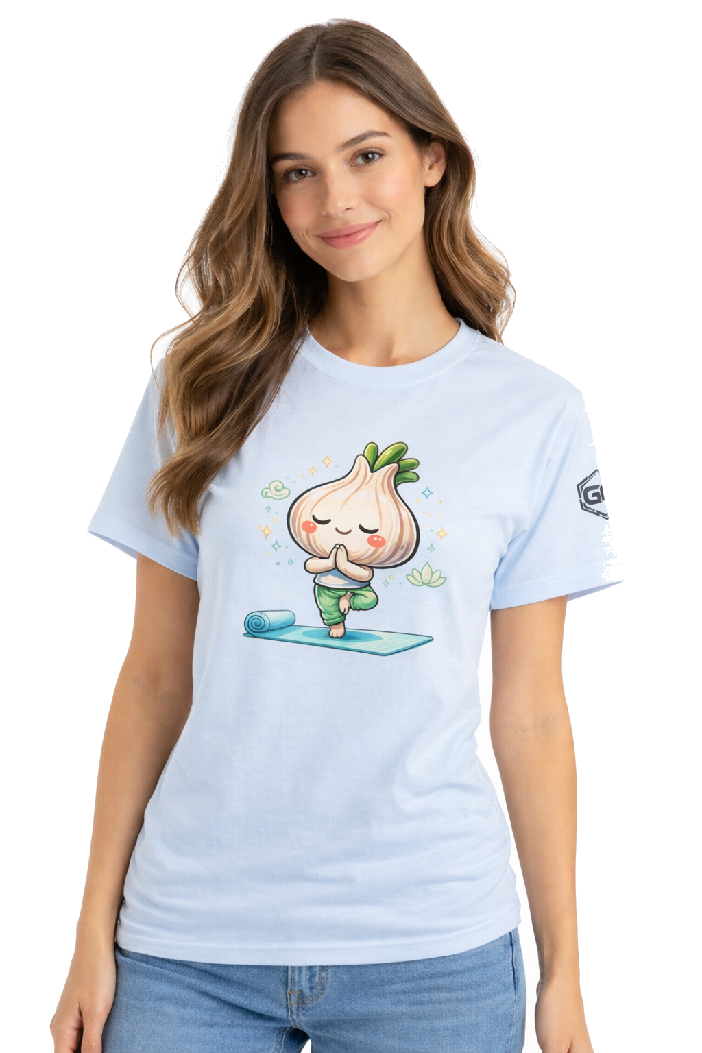 model:7:f | Garlic Yoga T-Shirt – Modelfoto in Hellblau – Frau