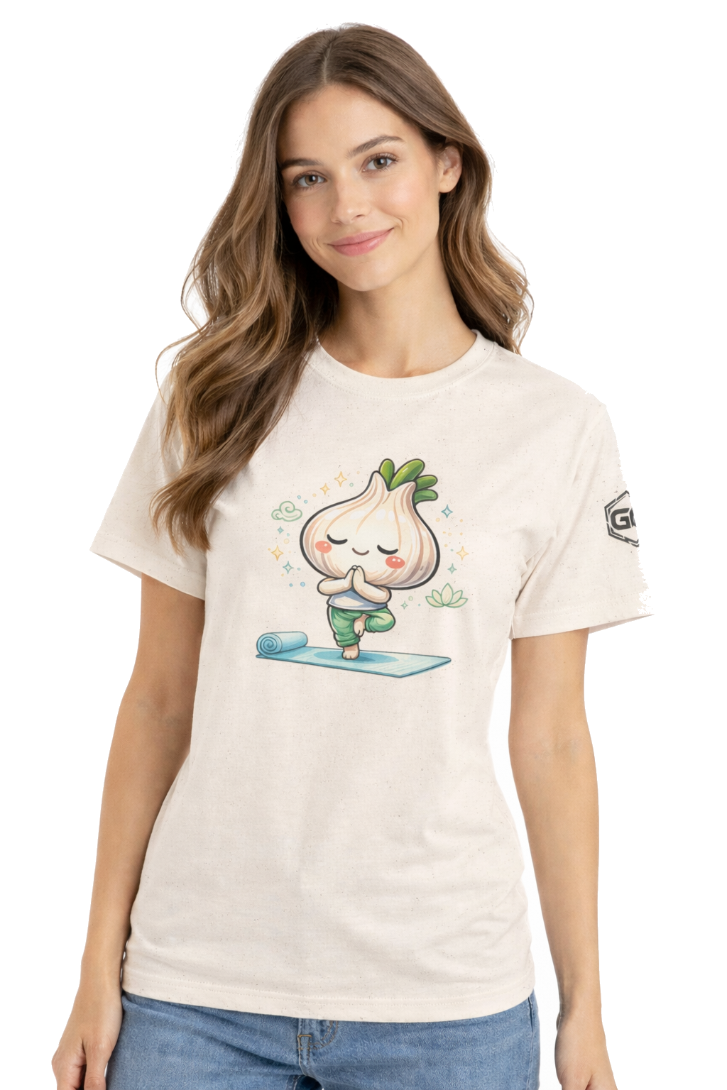model:4:f | Garlic Yoga T-Shirt – Modelfoto in Natur – Frau