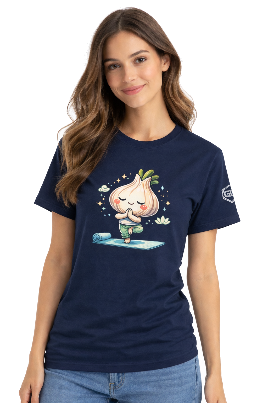 model:9:f | Garlic Yoga T-Shirt – Modelfoto in Navy – Frau