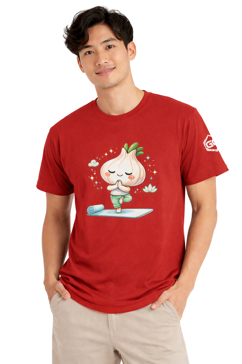 model:10:m | Garlic Yoga T-Shirt – Modelfoto in Rot – Mann