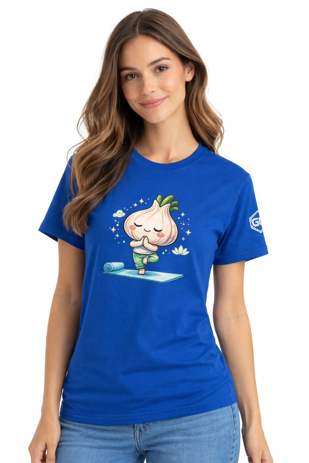 model:8:f | Garlic Yoga T-Shirt – Modelfoto in Royalblau – Frau