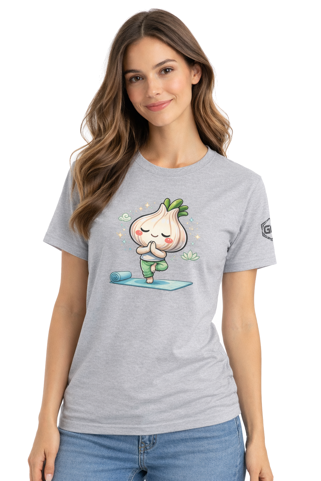 model:2:f | Garlic Yoga T-Shirt – Modelfoto in Sportgrau – Frau