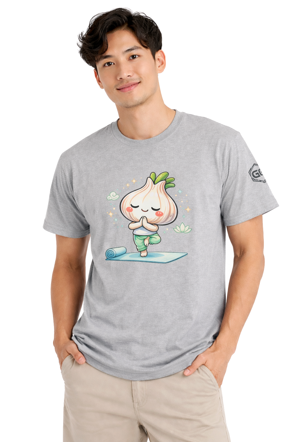 model:2:m | Garlic Yoga T-Shirt – Modelfoto in Sportgrau – Mann