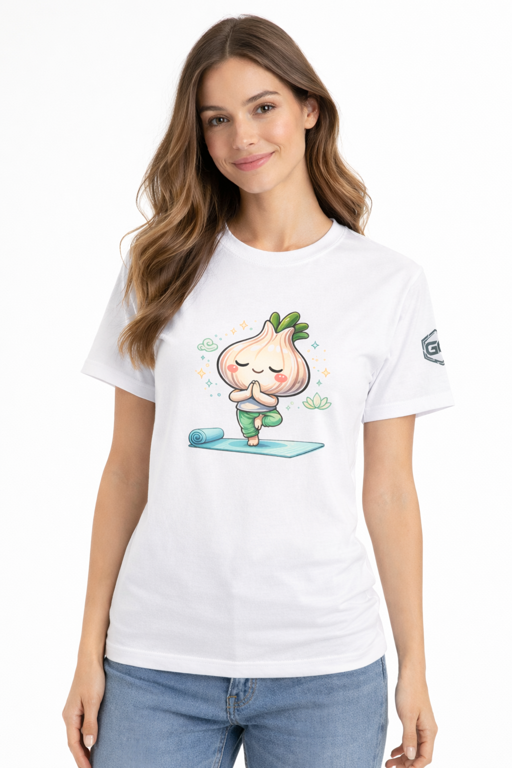 model:0:f | Garlic Yoga T-Shirt – Modelfoto in Weiß – Frau
