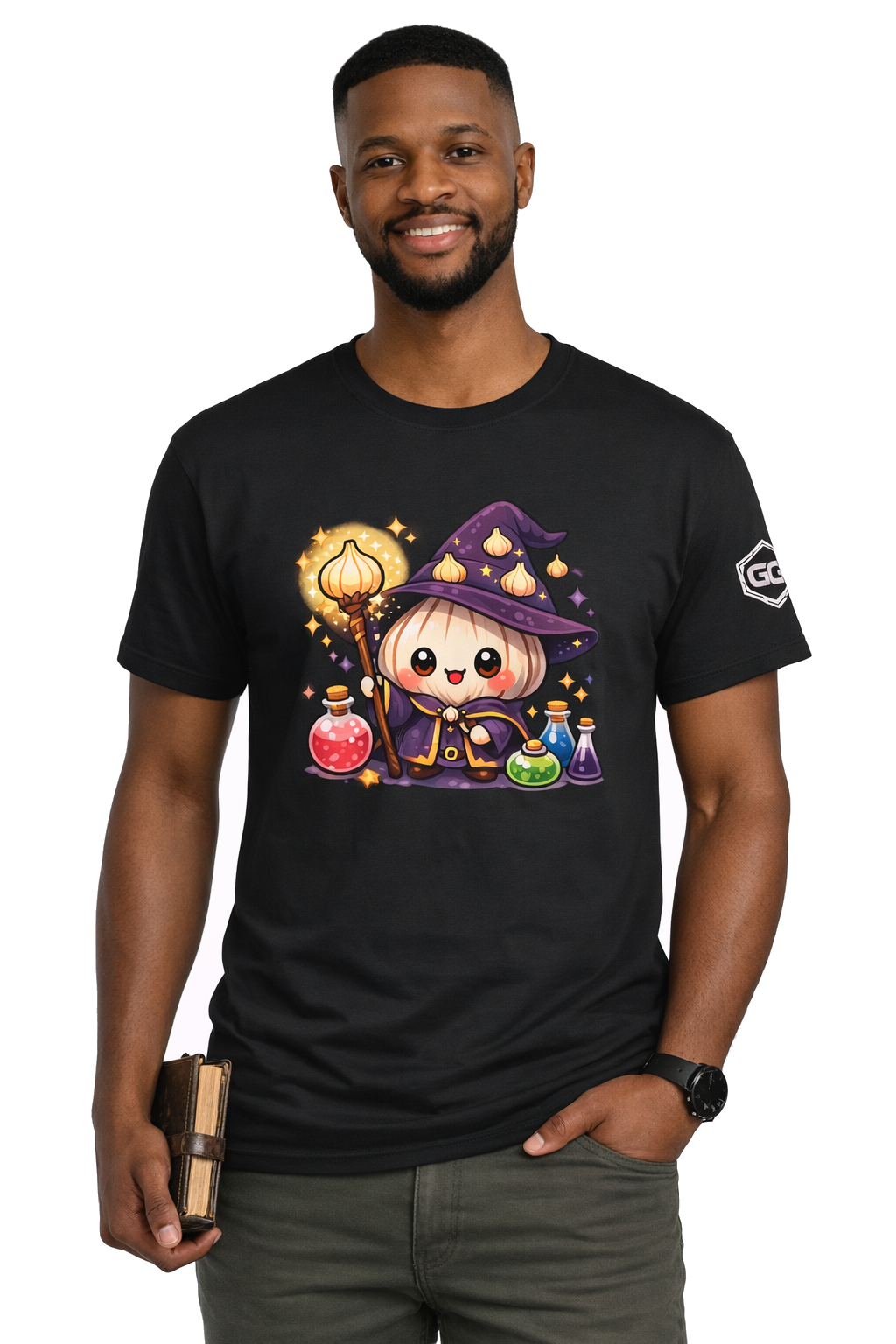 model:1:m | Knoblauch Zauberer T-Shirt – Model photo in Black – Man