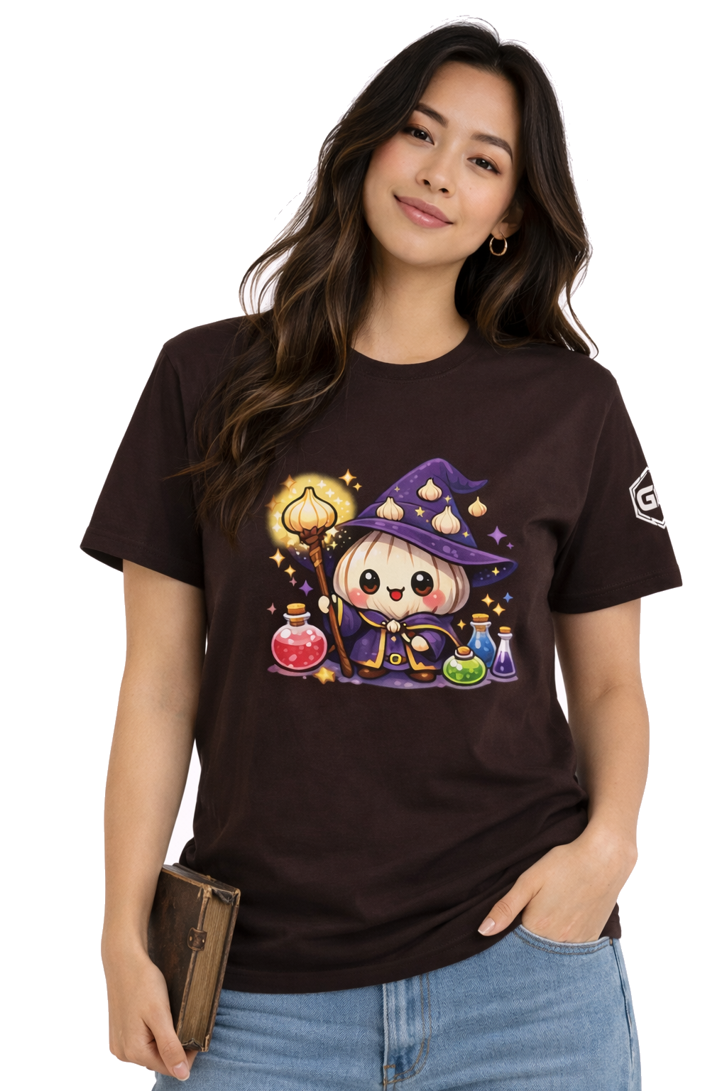 model:3:f | Knoblauch Zauberer T-Shirt – Model photo in Dark Chocolate – Woman