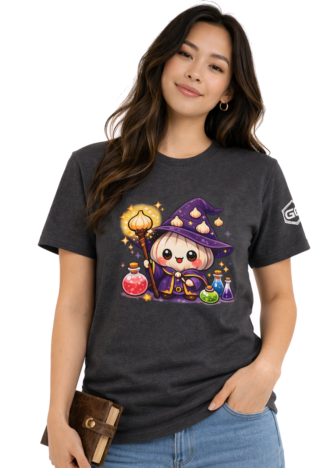 model:6:f | Knoblauch Zauberer T-Shirt – Model photo in Dark Heather – Woman