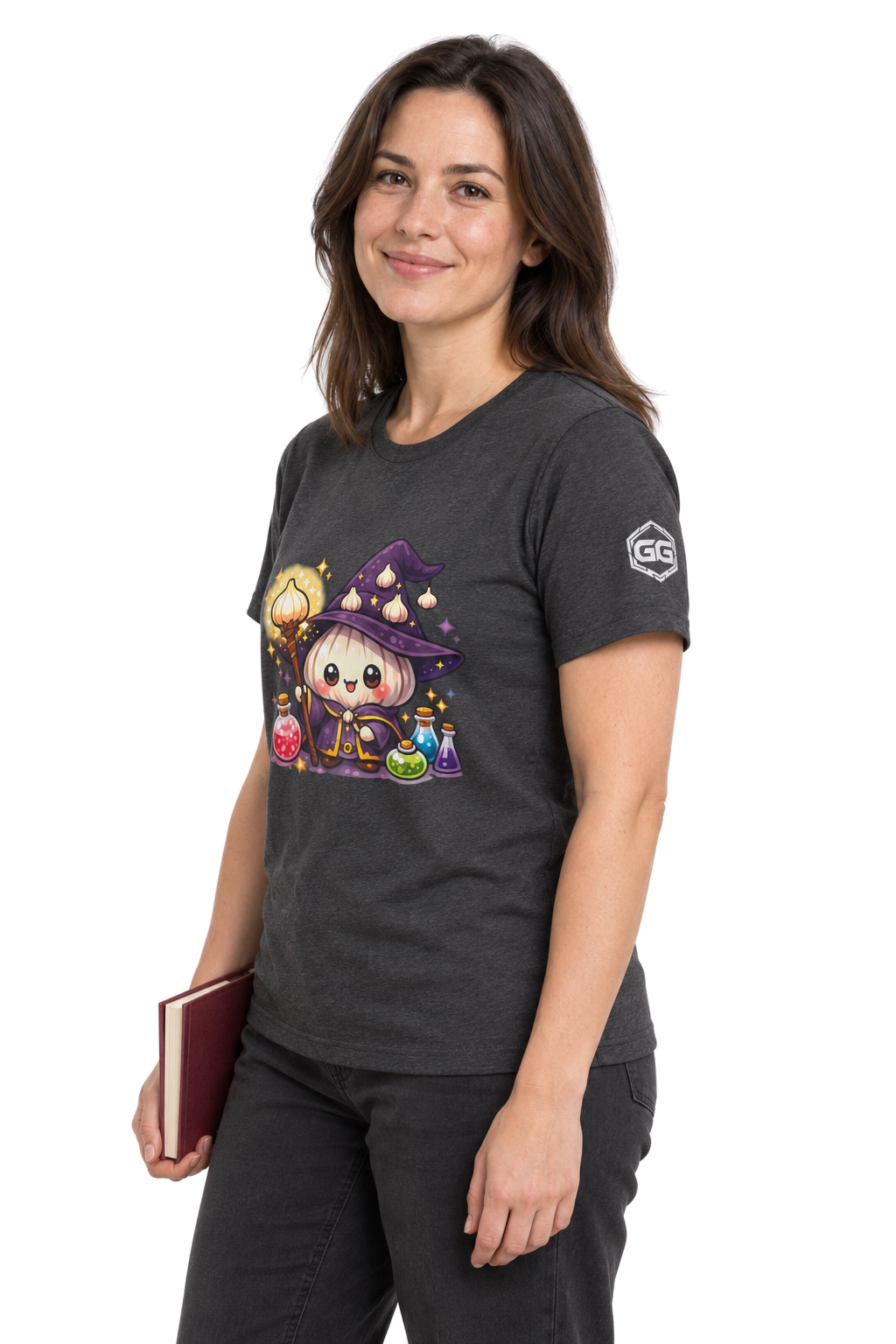 model:6:f | Knoblauch Zauberer T-Shirt – Modelfoto in Dunkelmeliert – Frau