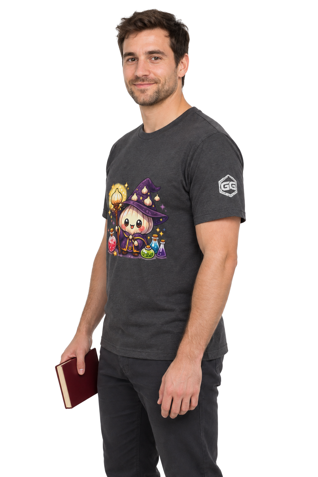 model:6:m | Knoblauch Zauberer T-Shirt – Modelfoto in Dunkelmeliert – Mann