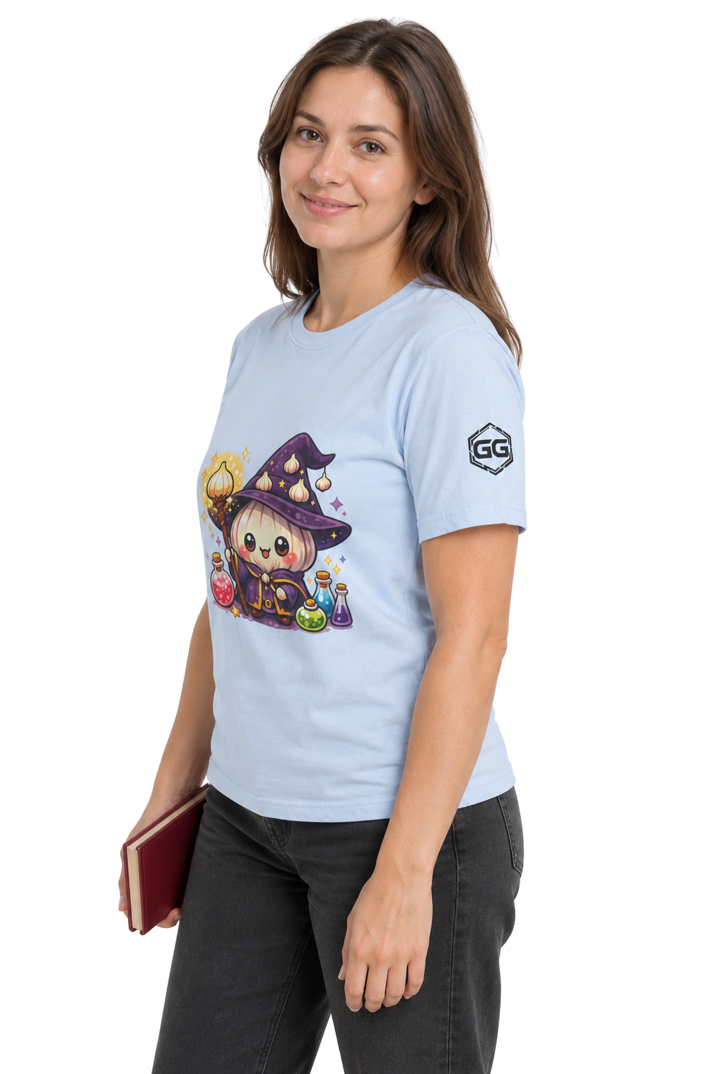 model:7:f | Knoblauch Zauberer T-Shirt – Modelfoto in Hellblau – Frau