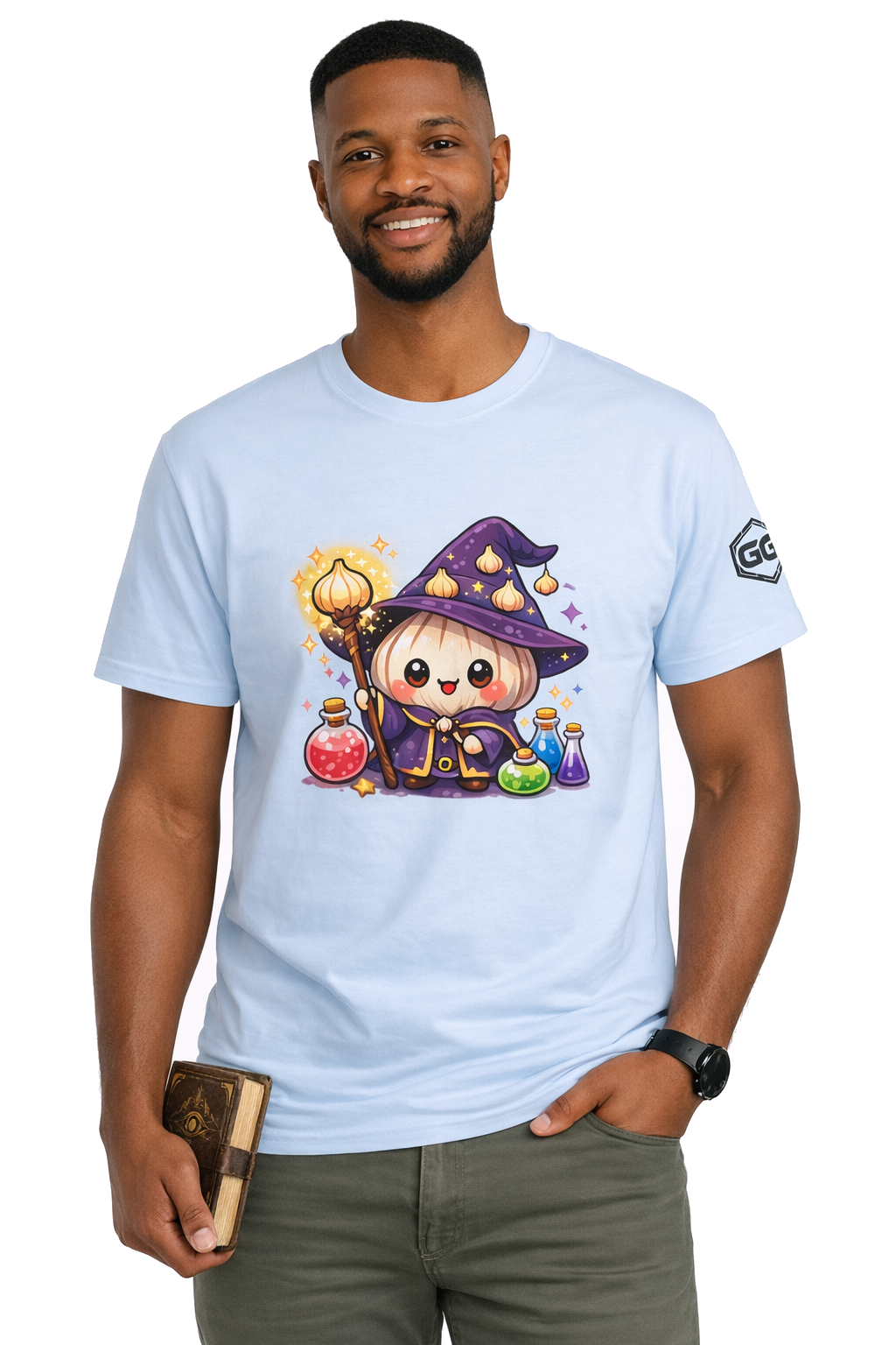 model:7:m | Knoblauch Zauberer T-Shirt – Model photo in Light Blue – Man