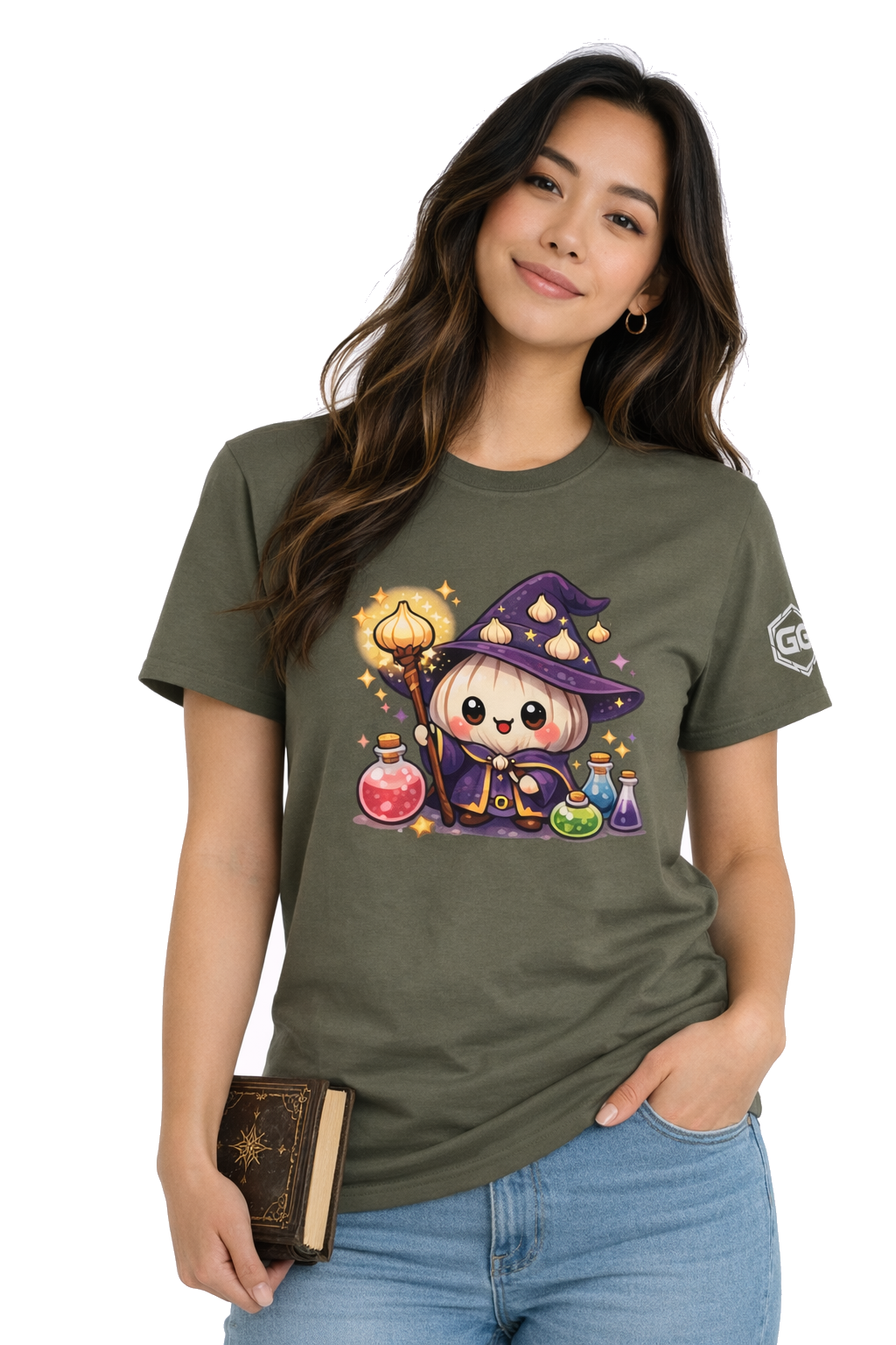 model:5:f | Knoblauch Zauberer T-Shirt – Model photo in Military Green – Woman