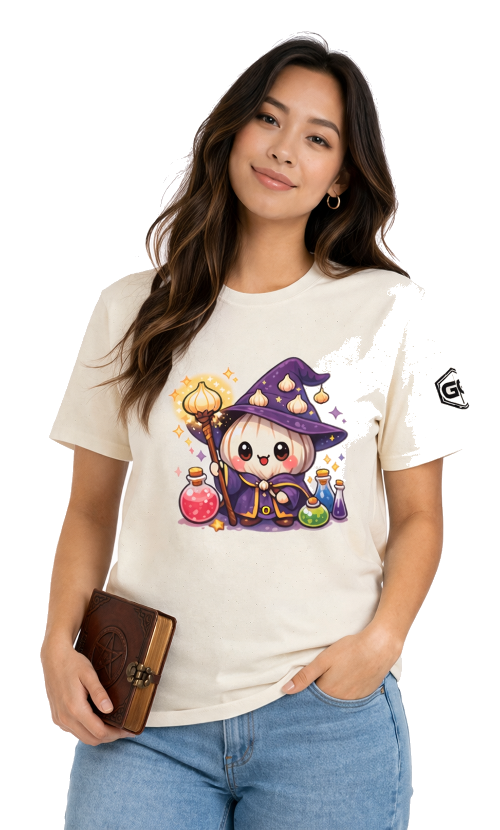 model:4:f | Knoblauch Zauberer T-Shirt – Model photo in Natural – Woman