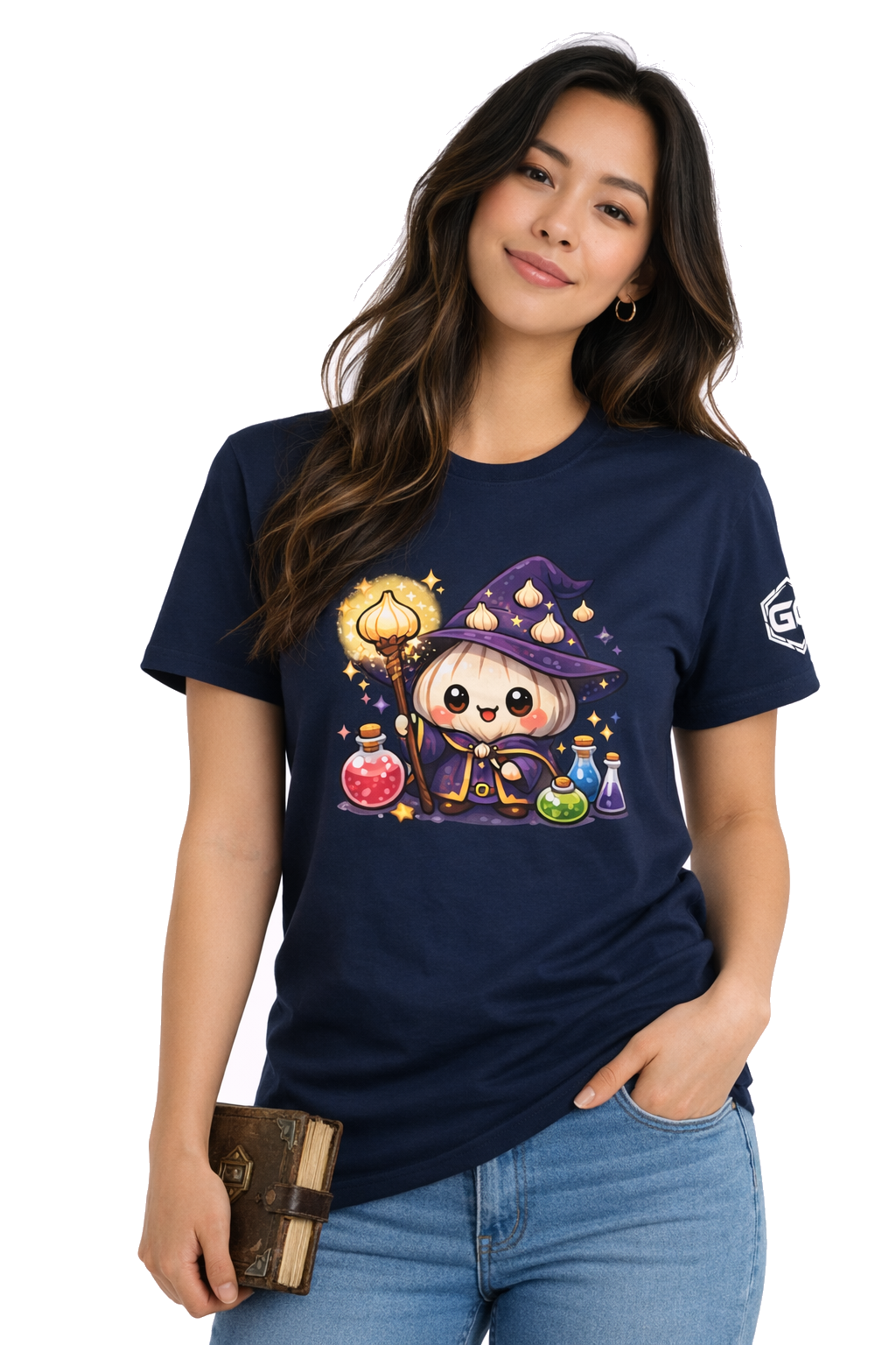 model:9:f | Knoblauch Zauberer T-Shirt – Model photo in Navy – Woman