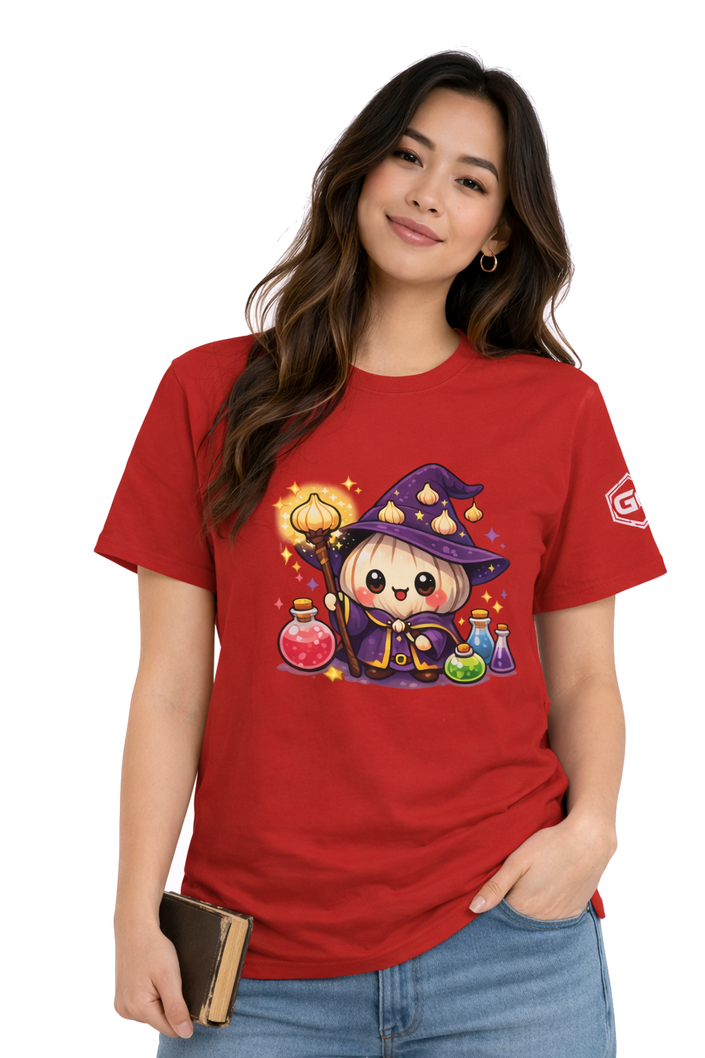 model:10:f | Knoblauch Zauberer T-Shirt – Model photo in Red – Woman