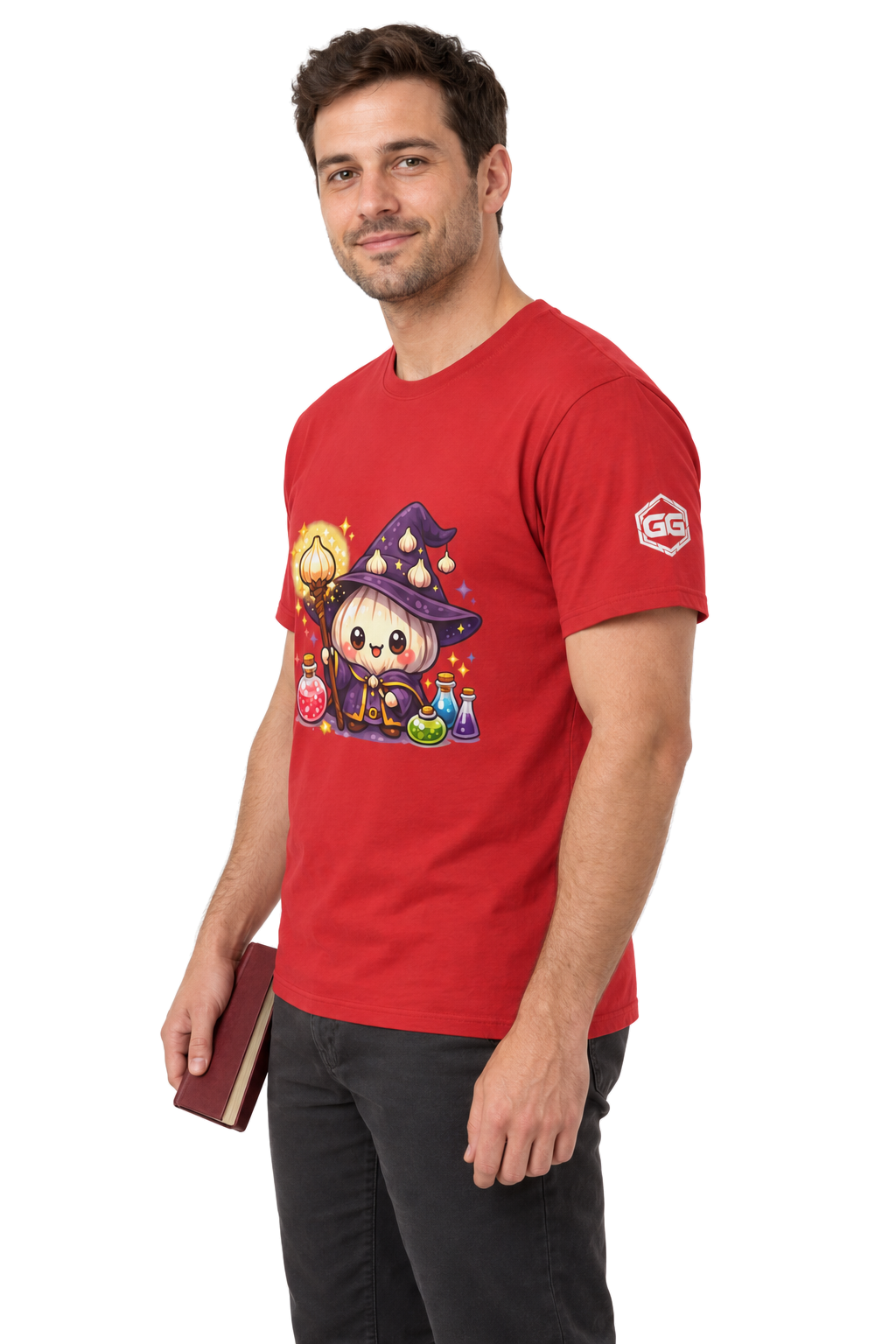 model:10:m | Knoblauch Zauberer T-Shirt – Modelfoto in Rot – Mann