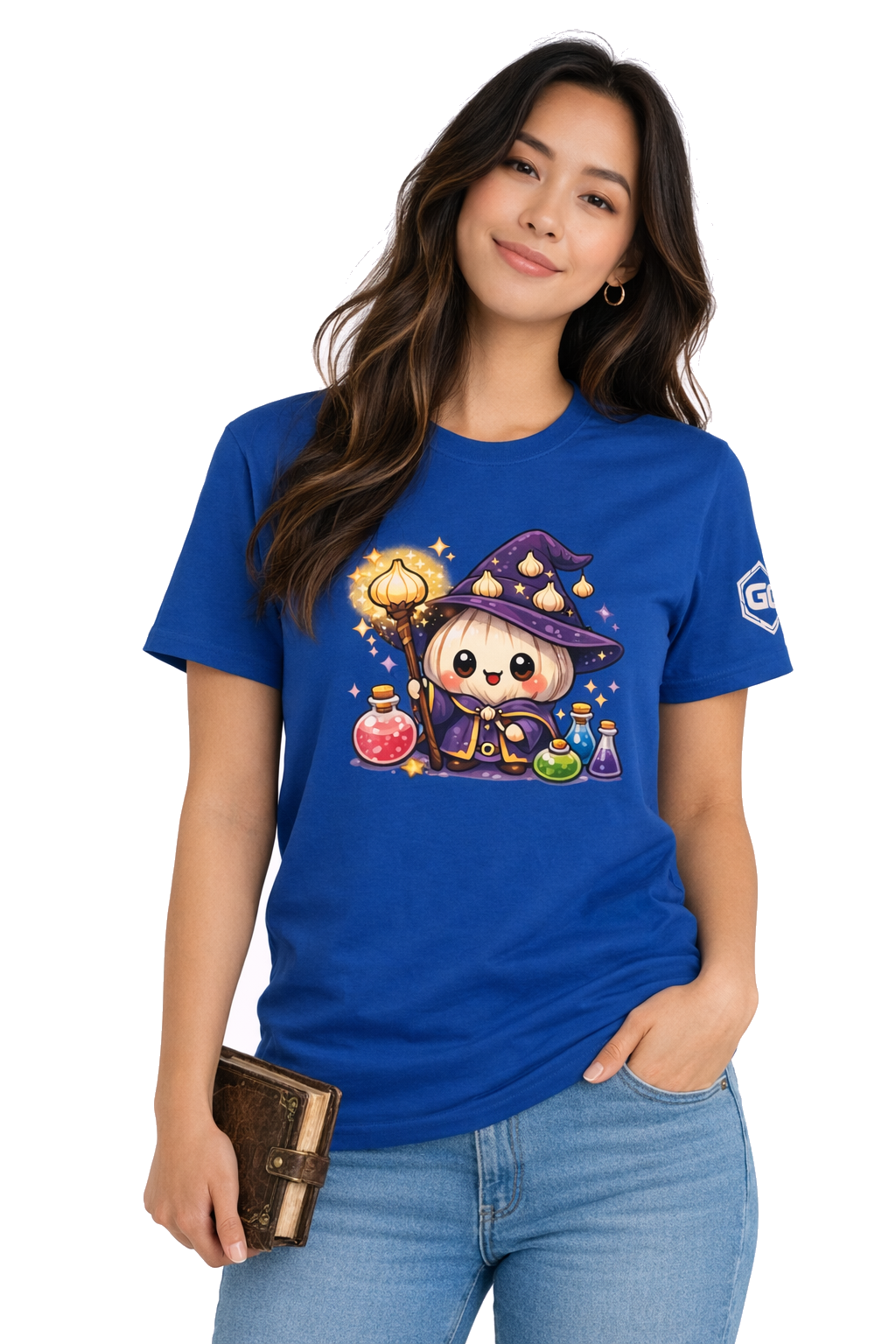 model:8:f | Knoblauch Zauberer T-Shirt – Model photo in Royal – Woman