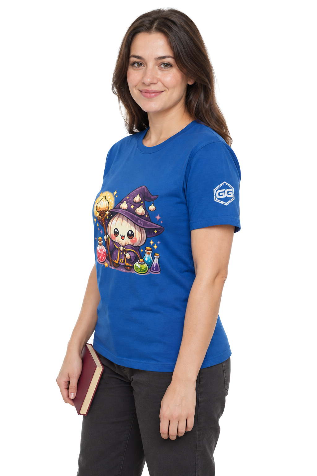 model:8:f | Knoblauch Zauberer T-Shirt – Modelfoto in Royalblau – Frau