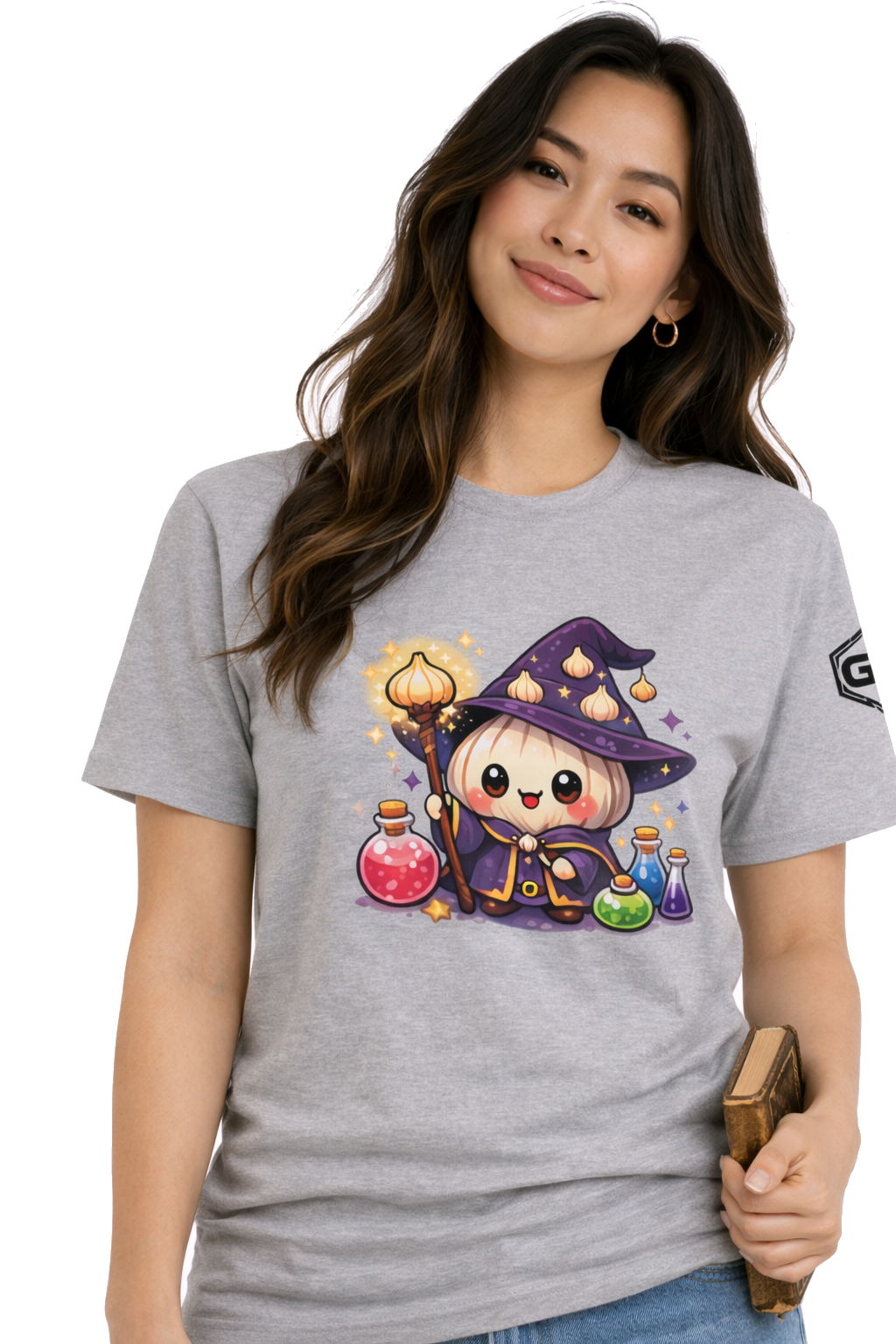 model:2:f | Knoblauch Zauberer T-Shirt – Model photo in Sport Grey – Woman