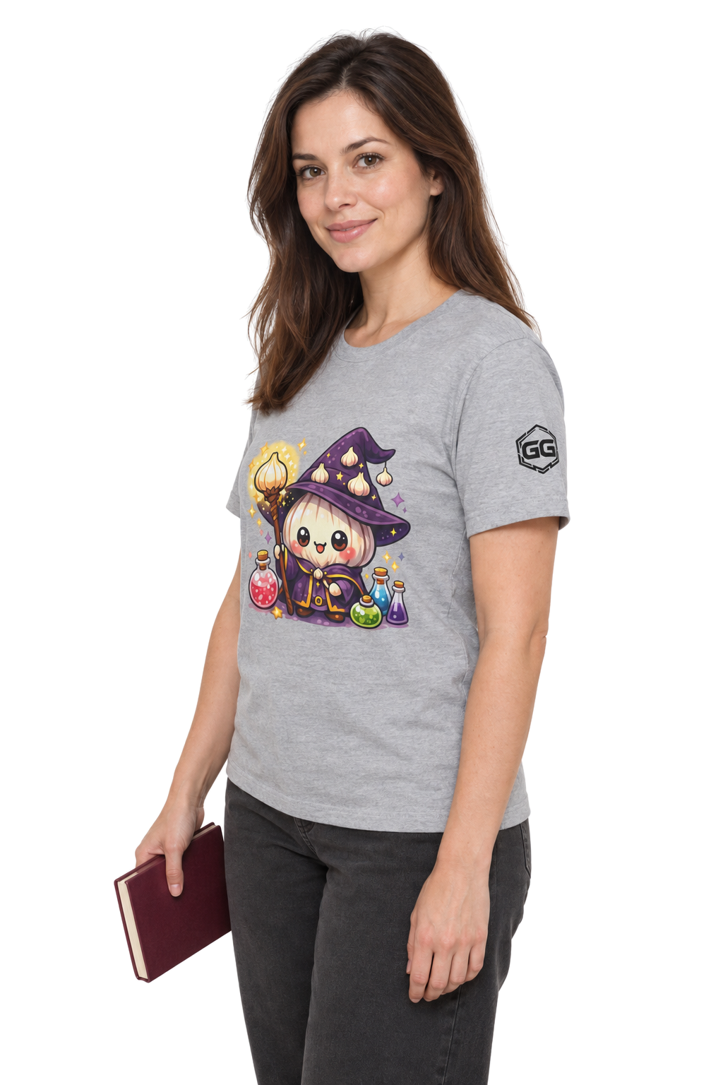 model:2:f | Knoblauch Zauberer T-Shirt – Modelfoto in Sportgrau – Frau