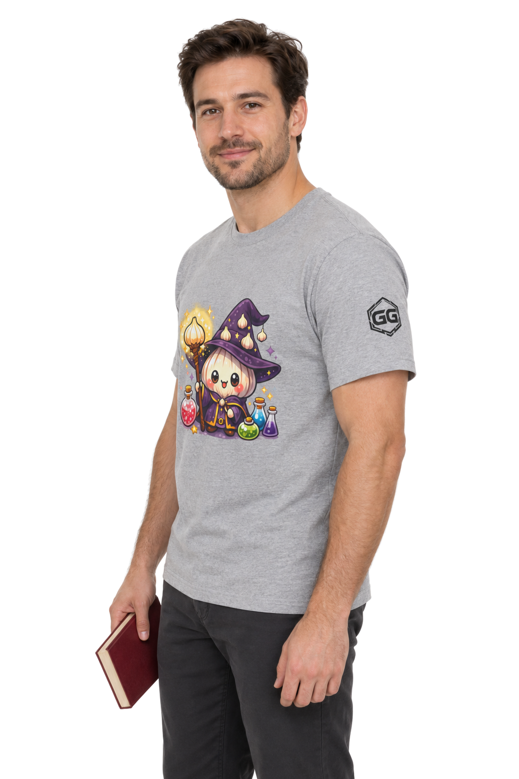 model:2:m | Knoblauch Zauberer T-Shirt – Modelfoto in Sportgrau – Mann