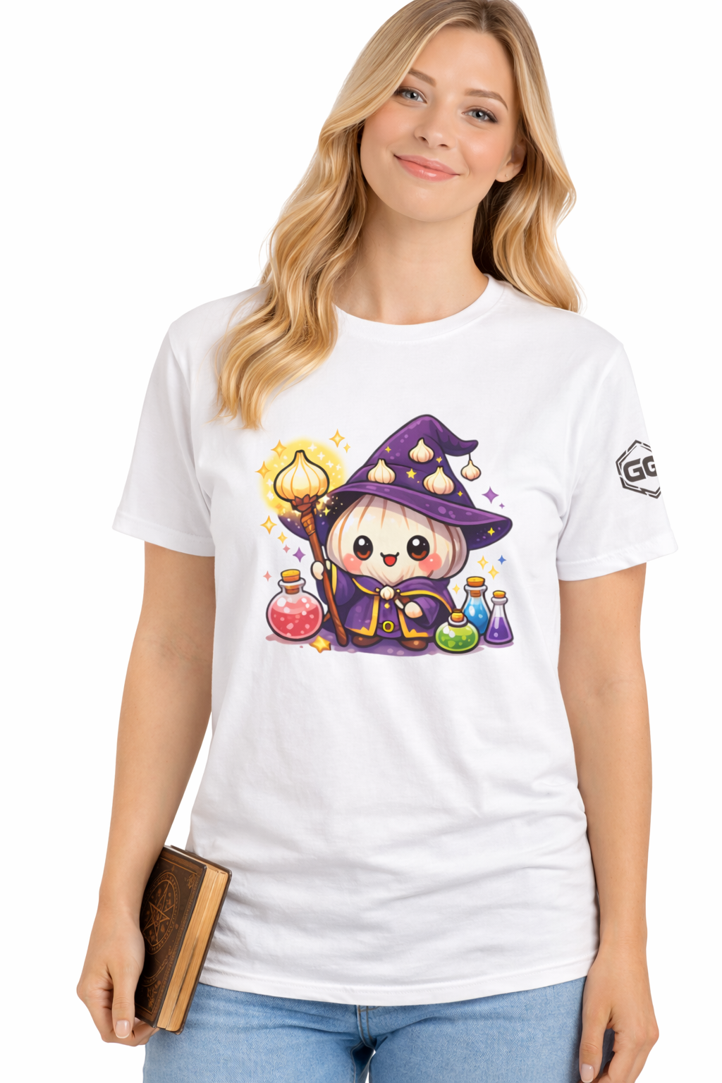 model:0:f | Knoblauch Zauberer T-Shirt – Model photo in White – Woman