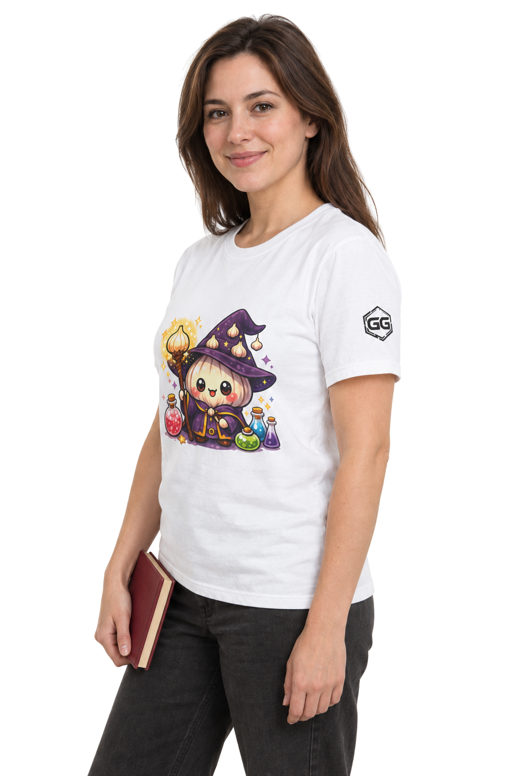 model:0:f | Knoblauch Zauberer T-Shirt – Modelfoto in Weiß – Frau