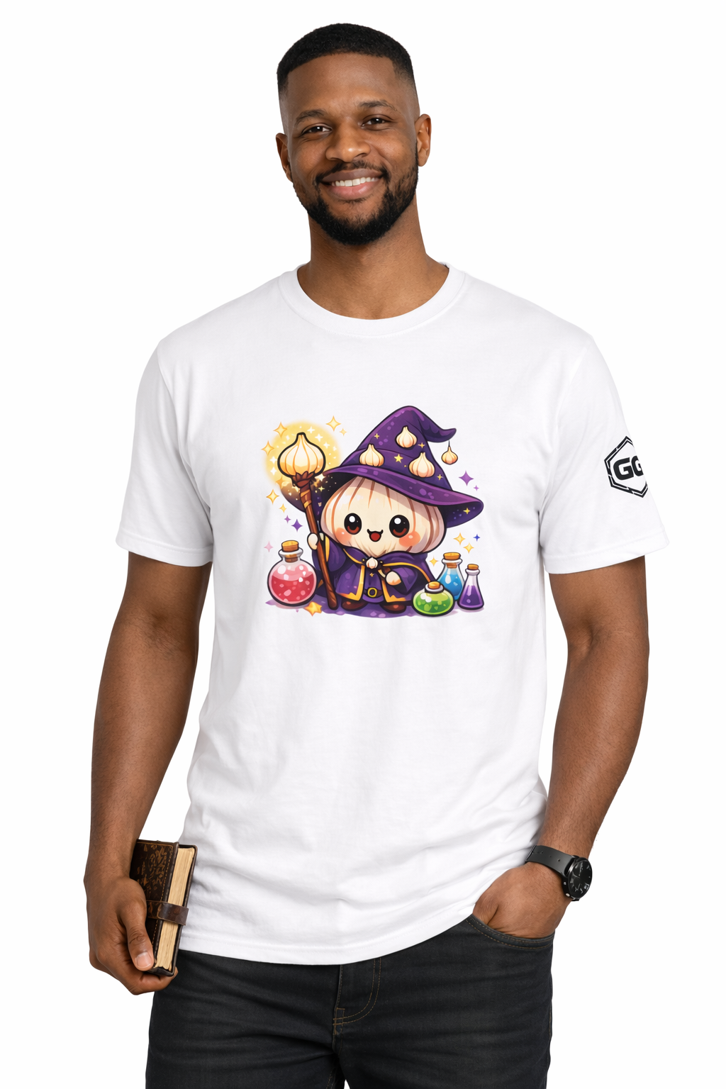 model:0:m | Knoblauch Zauberer T-Shirt – Model photo in White – Man