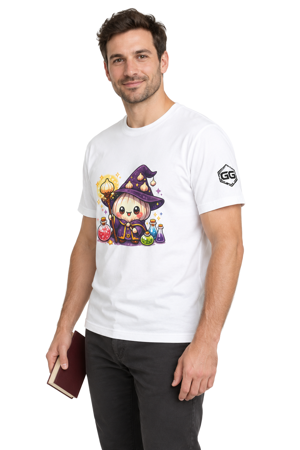 model:0:m | Knoblauch Zauberer T-Shirt – Modelfoto in Weiß – Mann