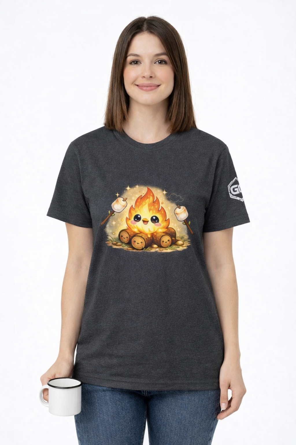model:6:f | Campfire T-Shirt – Modelfoto in Dunkelmeliert – Frau