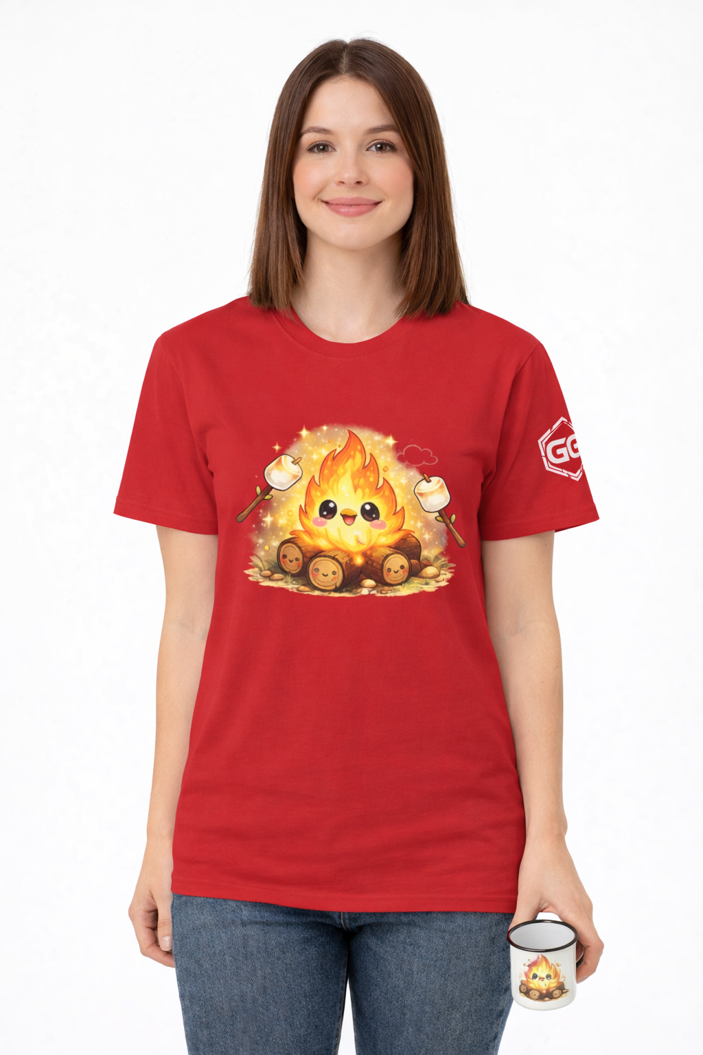 model:10:f | Campfire T-Shirt – Modelfoto in Rot – Frau