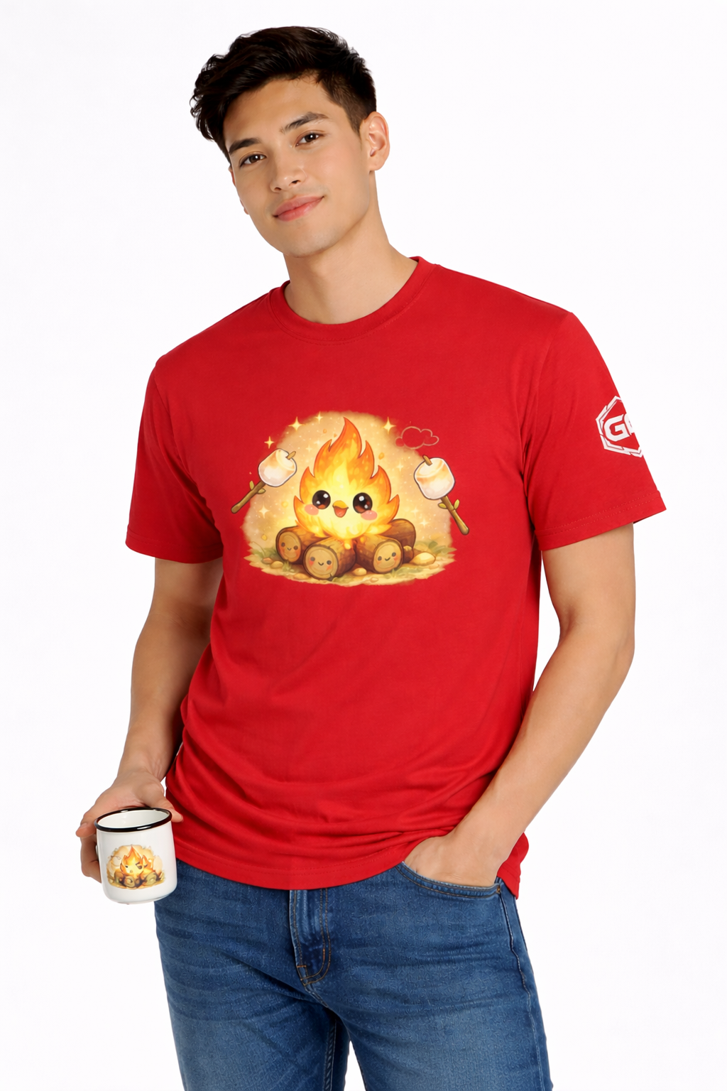 model:10:m | Campfire T-Shirt – Modelfoto in Rot – Mann
