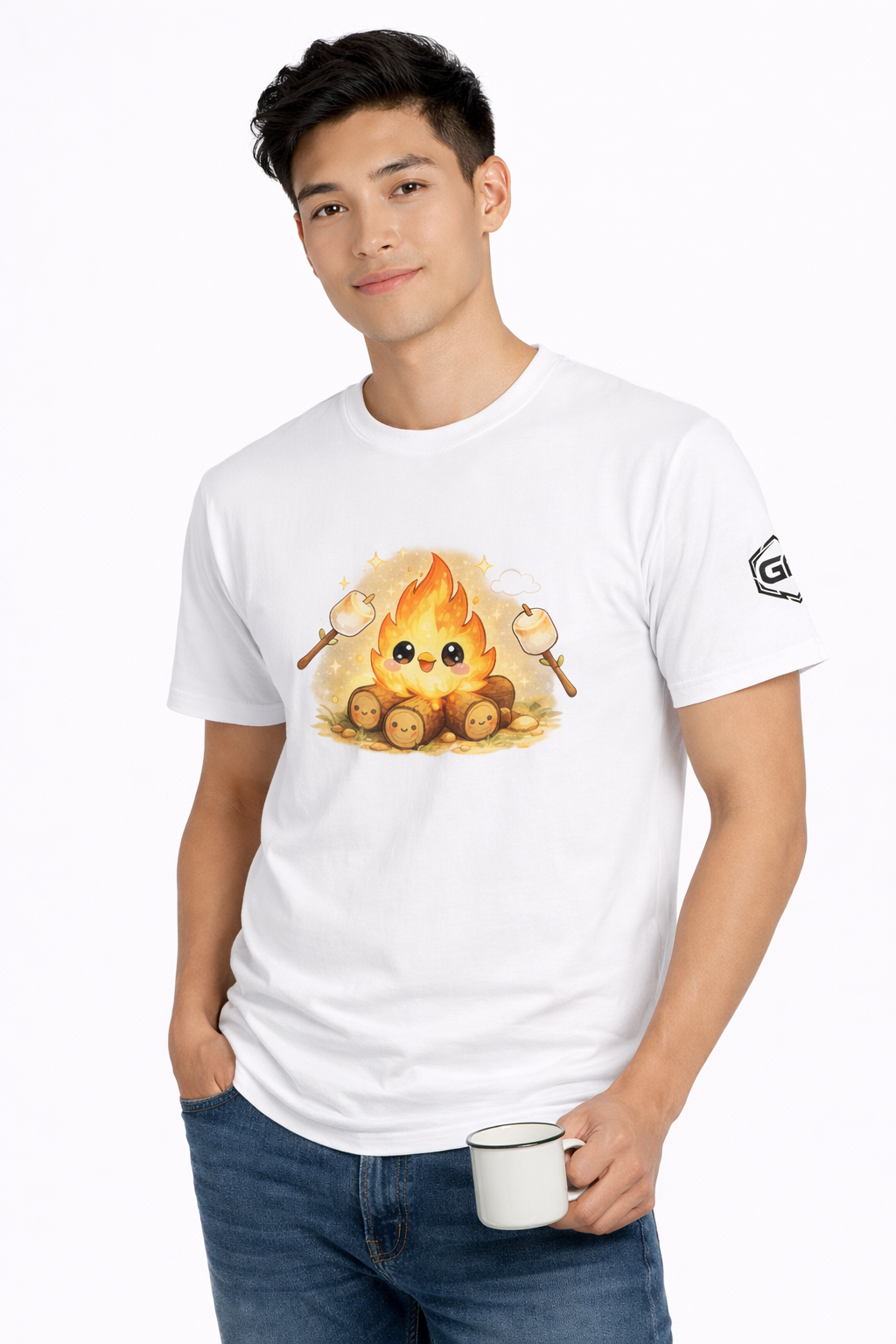 model:0:m | Campfire T-Shirt – Modelfoto in Weiß – Mann