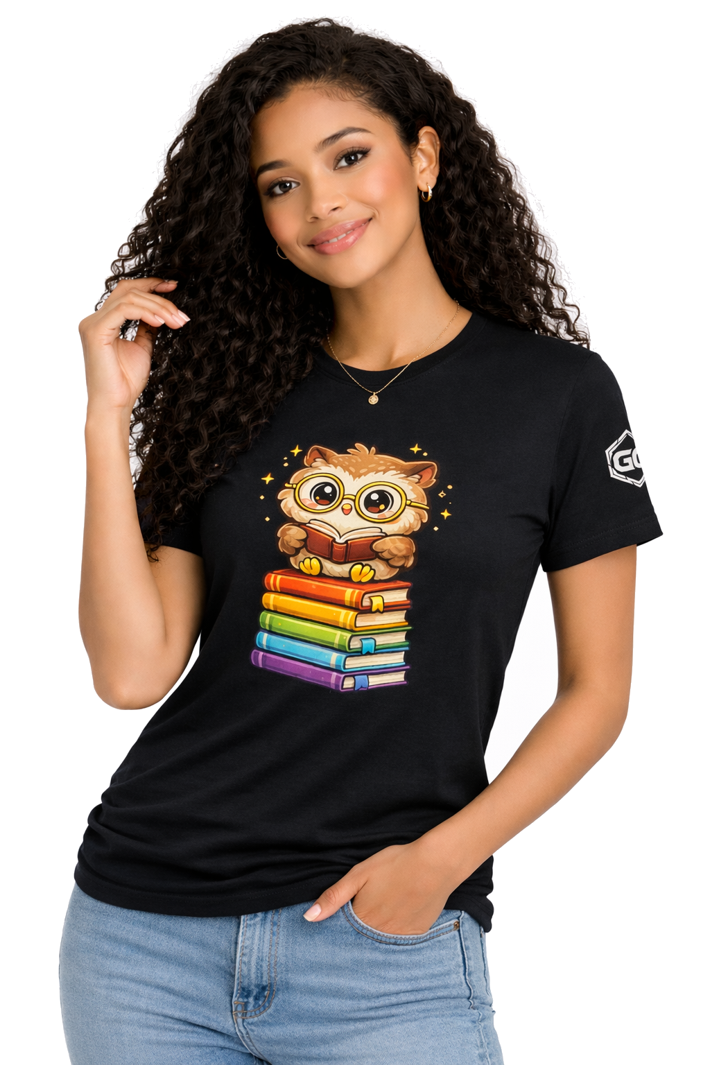 model:1:f | Bookworm Owl T-Shirt – Modelfoto in Schwarz – Frau