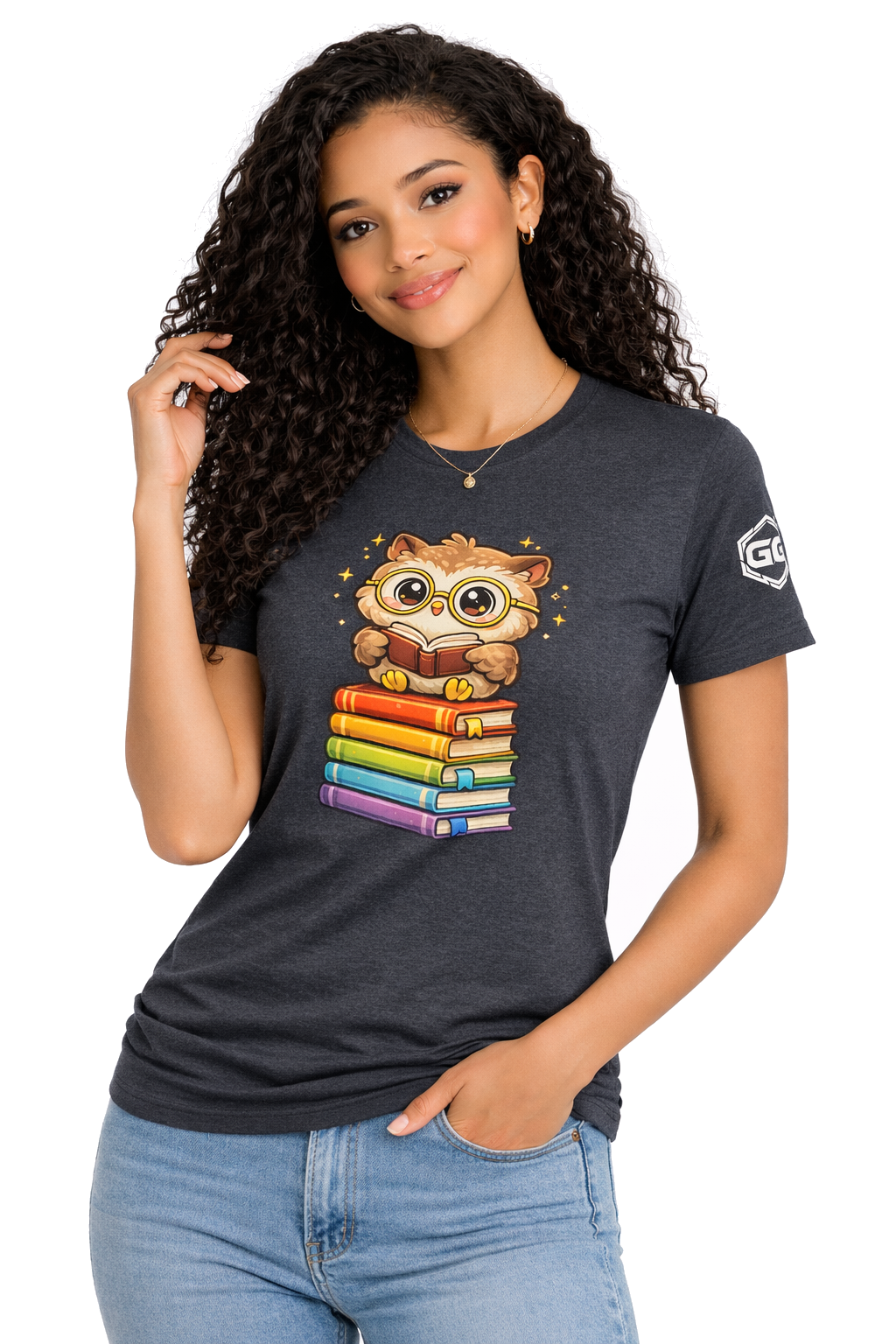 model:6:f | Bookworm Owl T-Shirt – Modelfoto in Dunkelmeliert – Frau