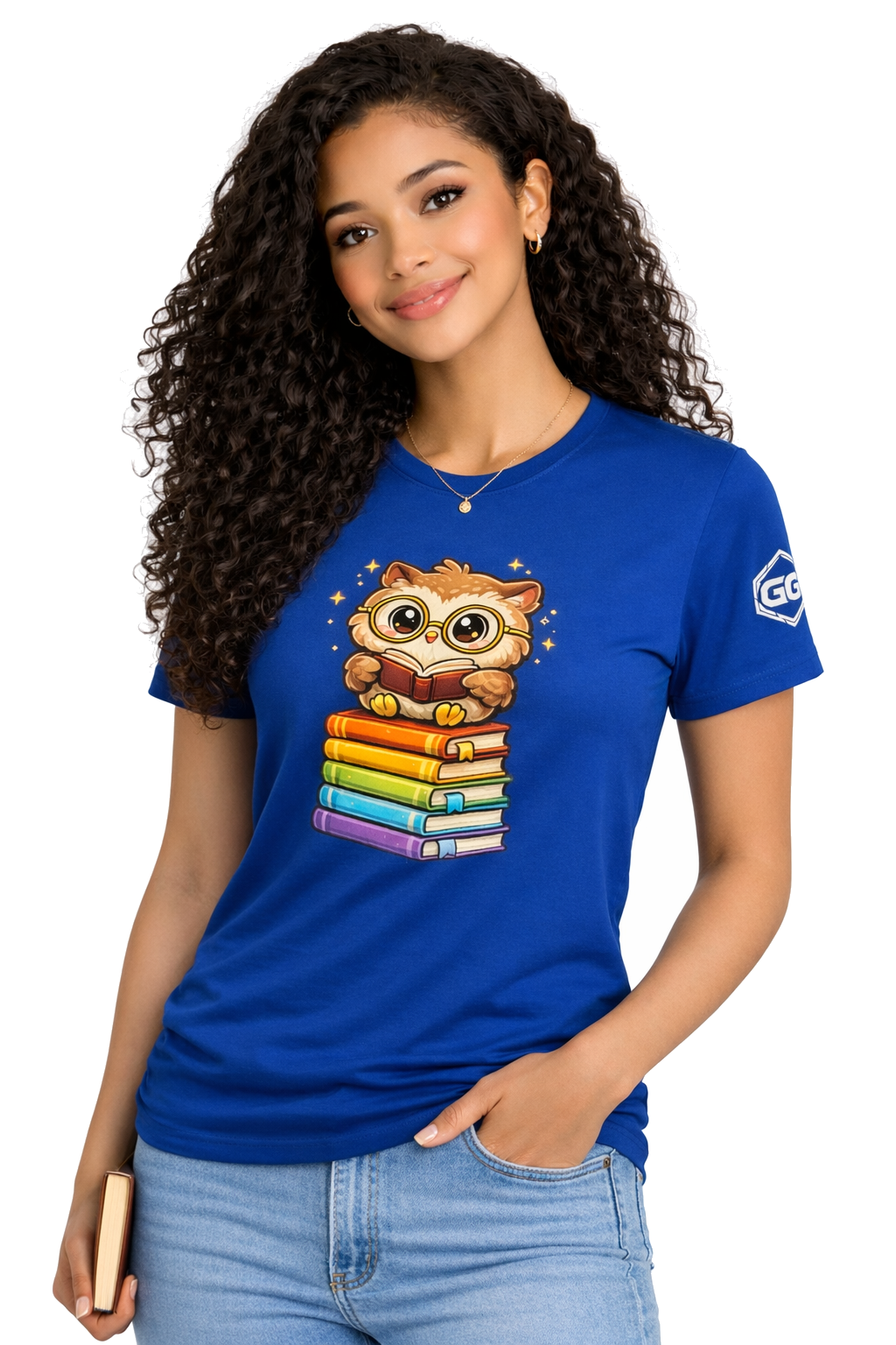 model:8:f | Bookworm Owl T-Shirt – Modelfoto in Royalblau – Frau