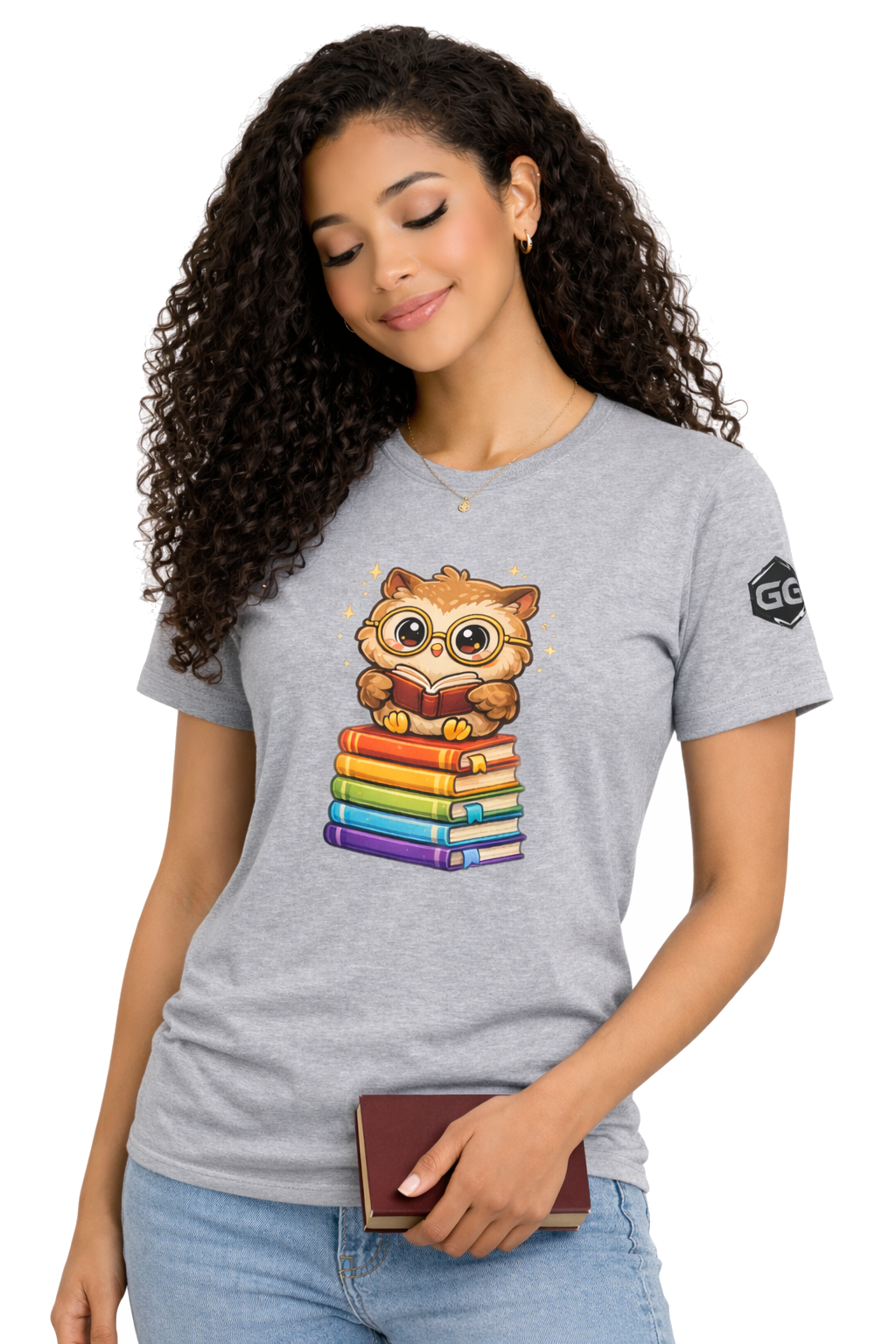 model:2:f | Bookworm Owl T-Shirt – Modelfoto in Sportgrau – Frau