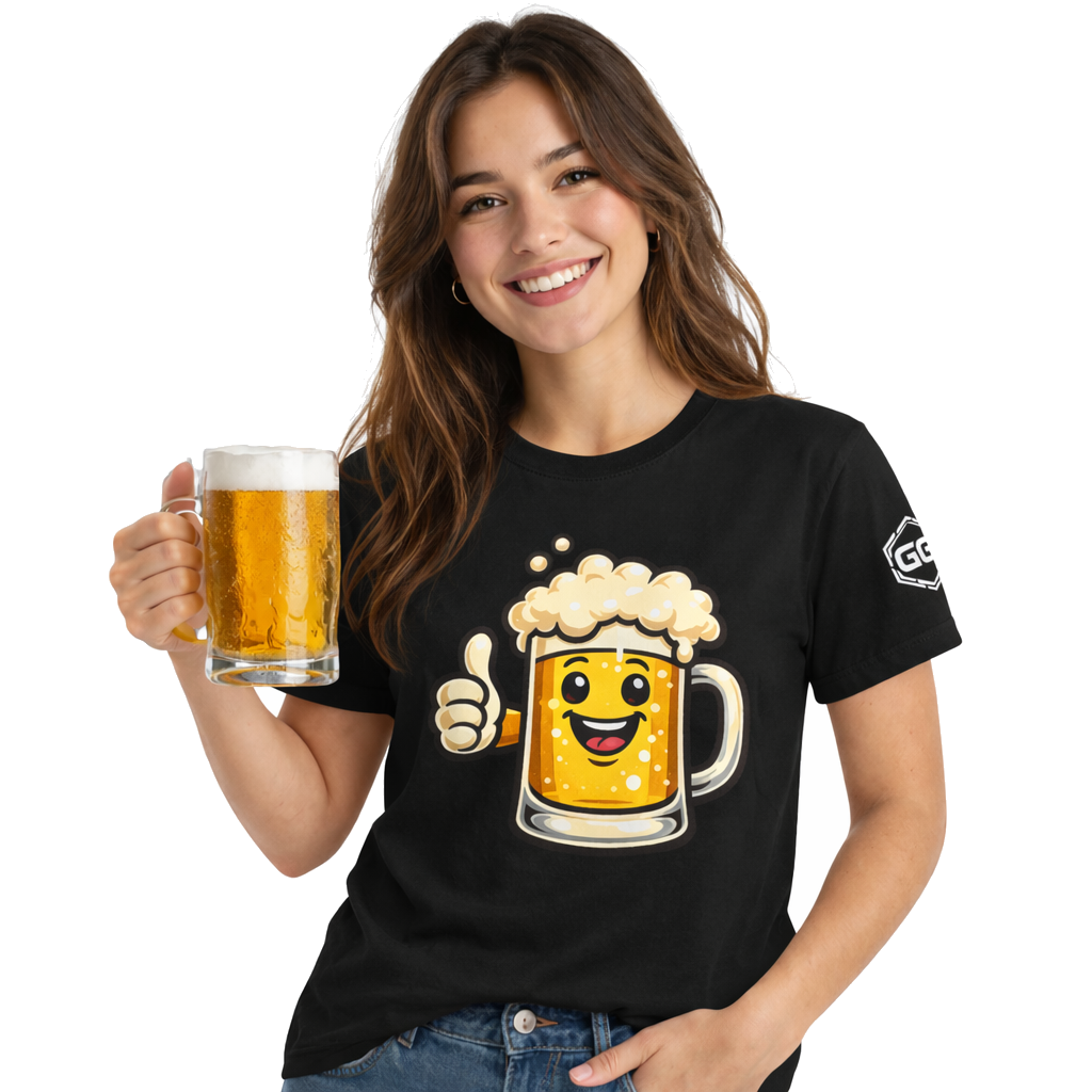 model:1:f | Lustiger Bierkrug – Unisex T-Shirt – Model photo in Black – Woman