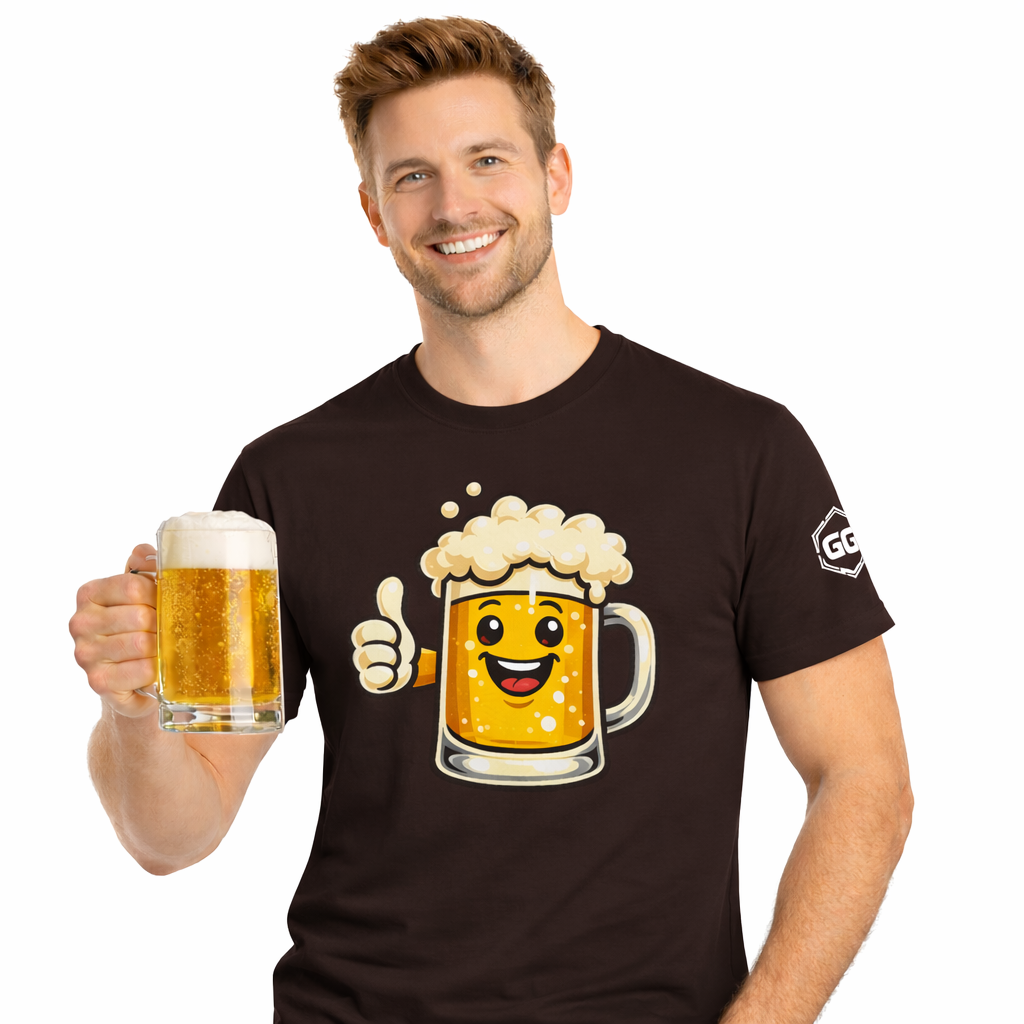 model:3:m | Lustiger Bierkrug – Unisex T-Shirt – Model photo in Dark Chocolate – Man