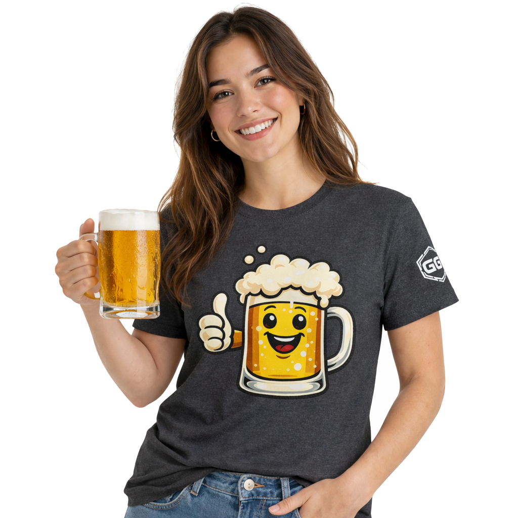 model:6:f | Lustiger Bierkrug – Unisex T-Shirt – Model photo in Dark Heather – Woman